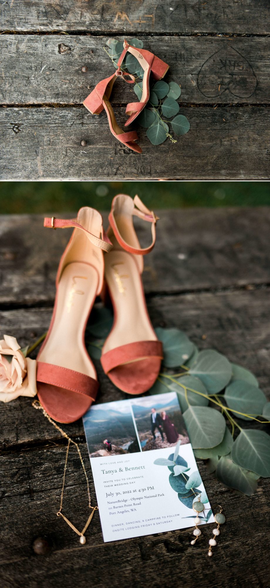 bridal shoes and details on rustic wood
