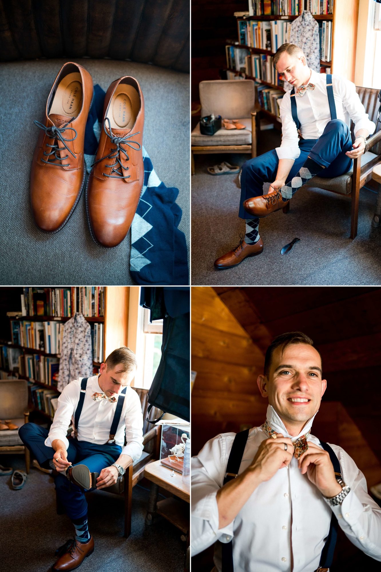 Groom getting ready by putting on shoes and tie