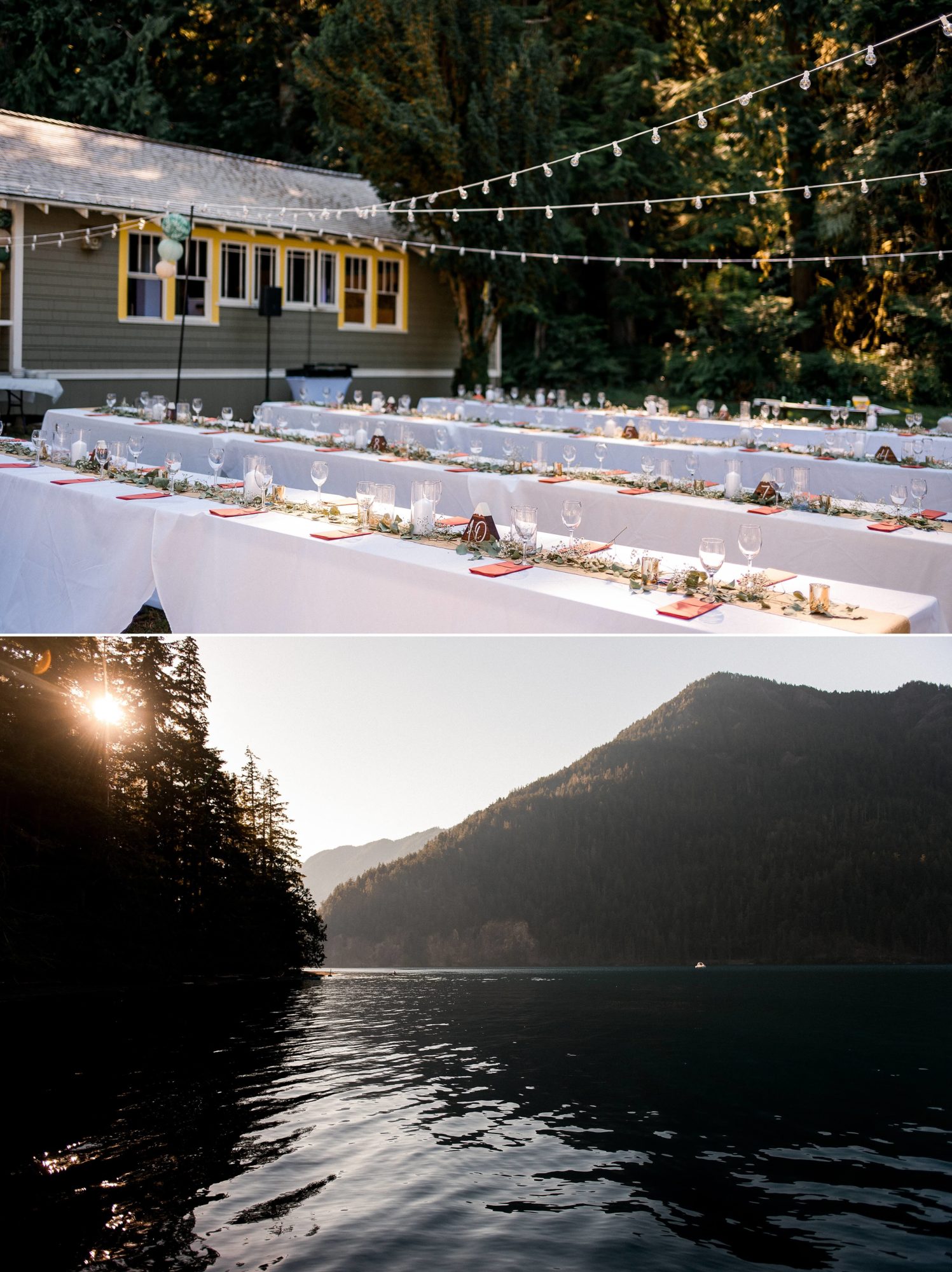 Lakefront outdoor wedding reception setup