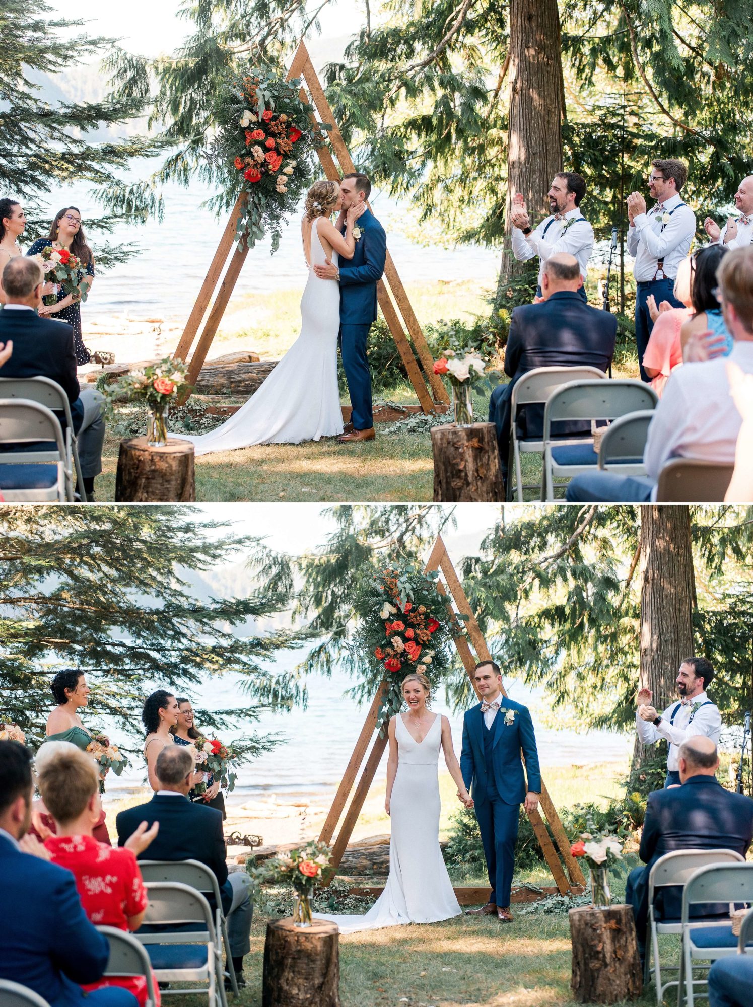 Outdoor wedding ceremony and first kiss at a NatureBridge Wedding