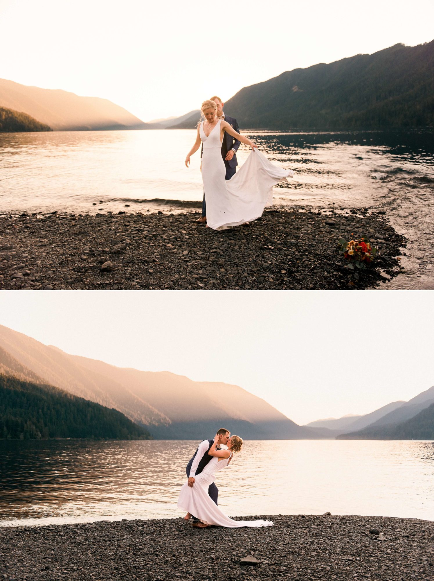 Bride and groom dancing and kissing lakeside with mountain backdrop