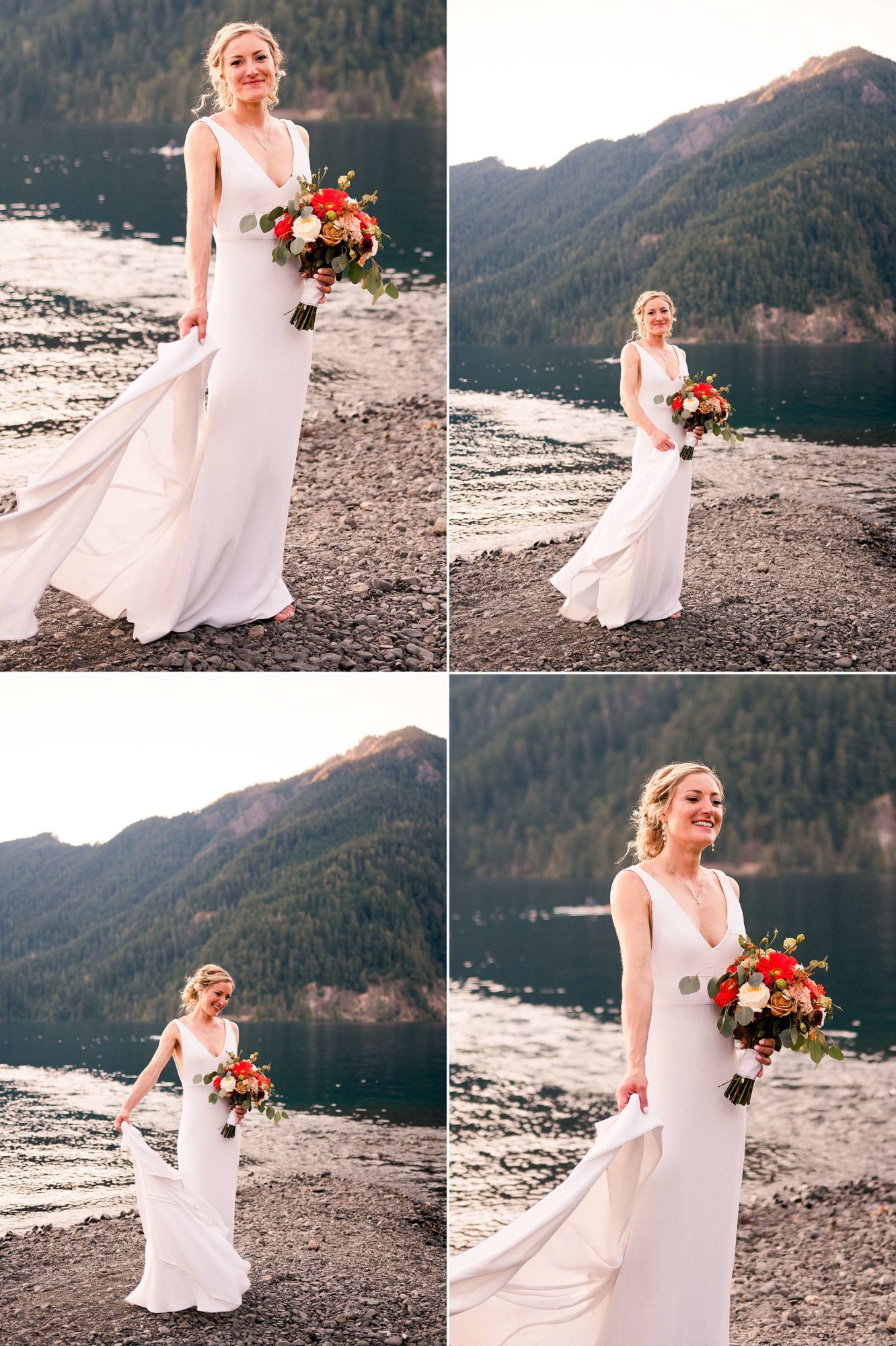 Bride holding flowers and dancing with her dress by the water