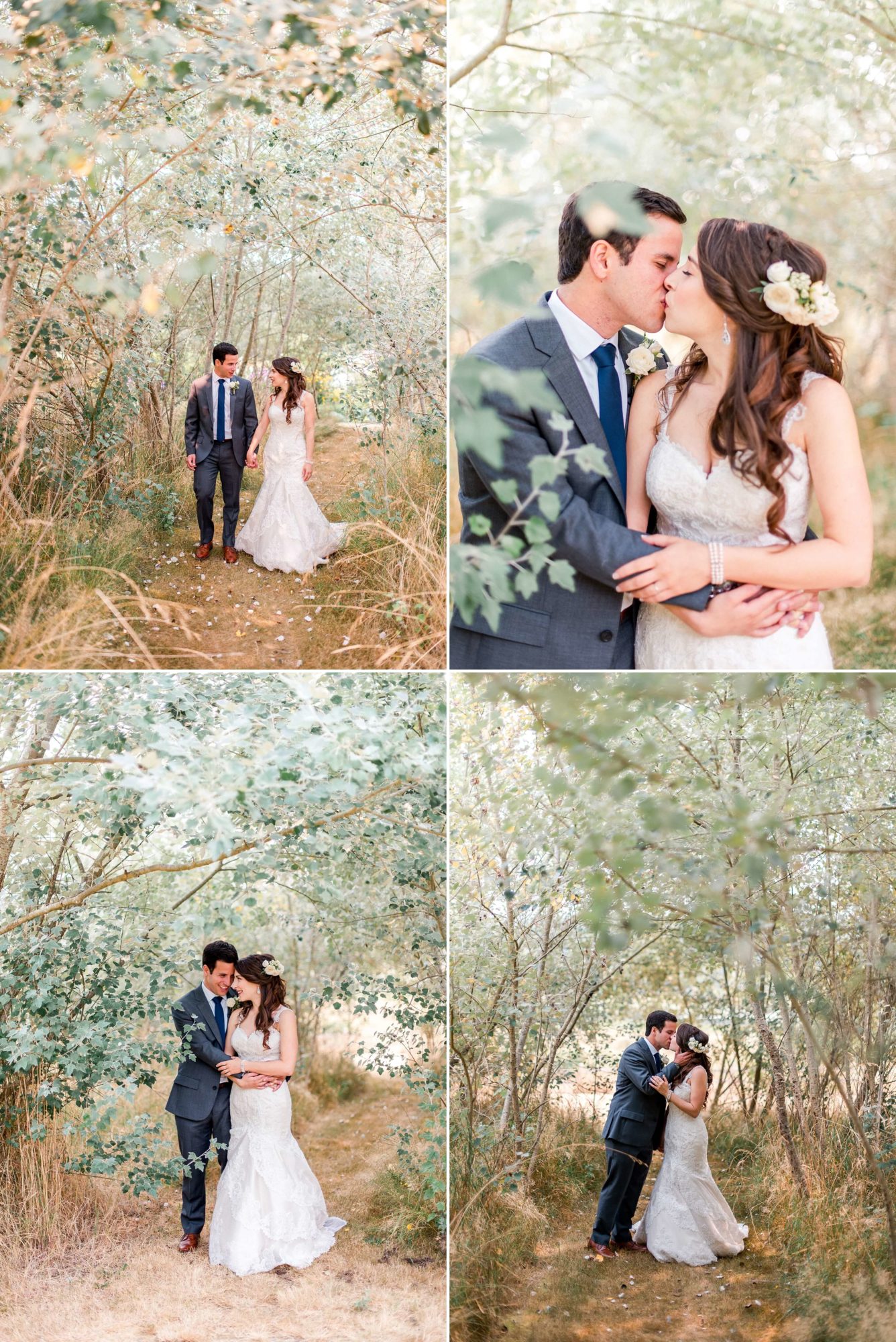 bride and groom hug and kiss under natural arch of bushes