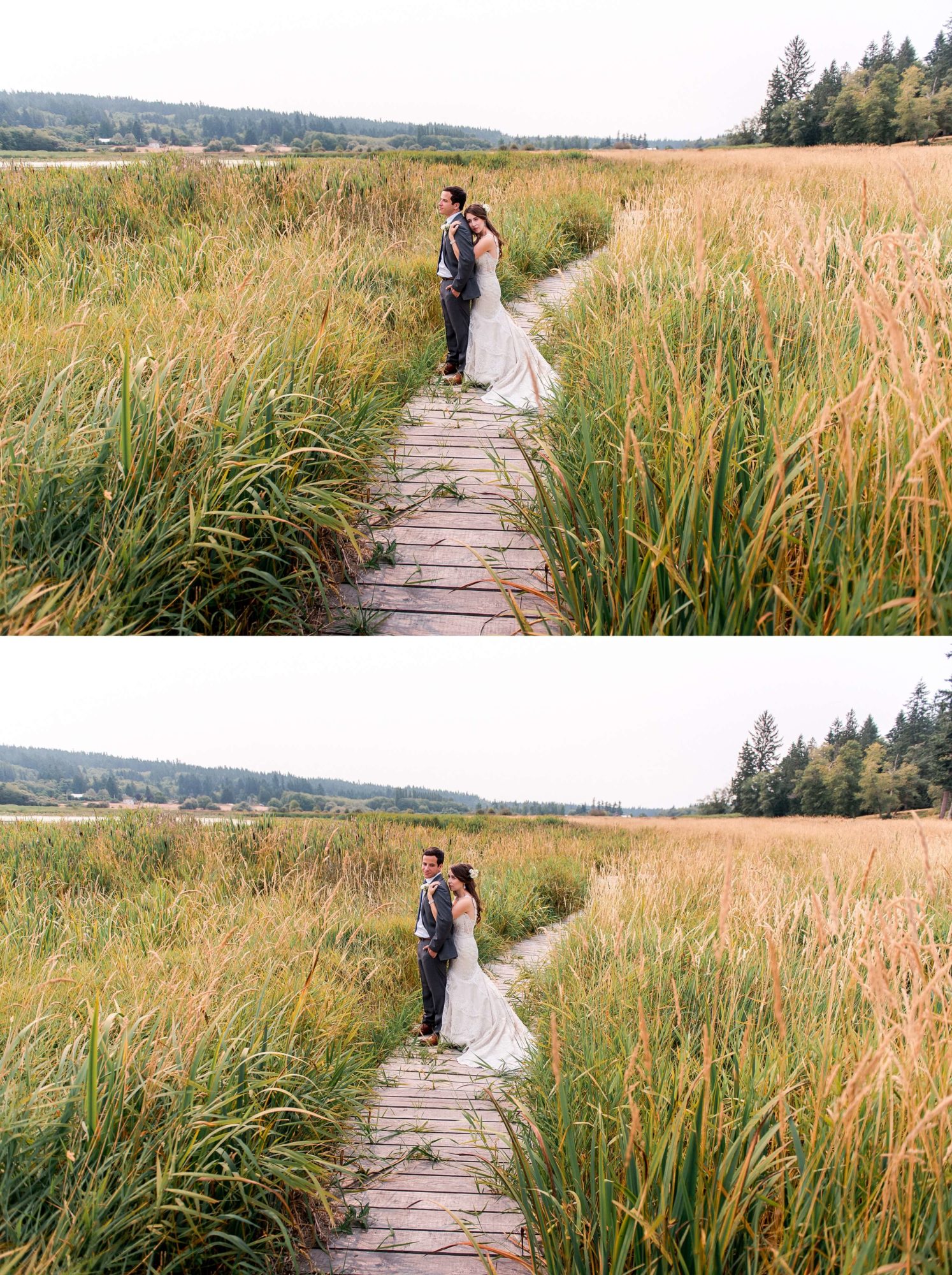 bride hold onto grooms back and rests her head amongst the tall golden grass