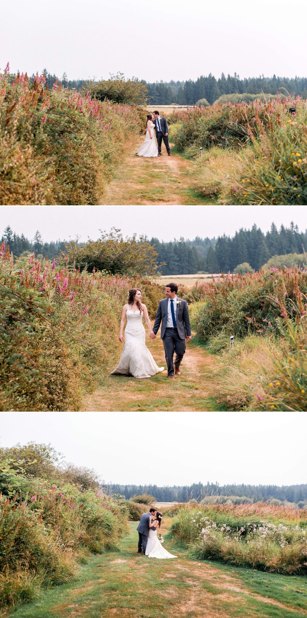 bride and groom walking through trail amongst wildflowers