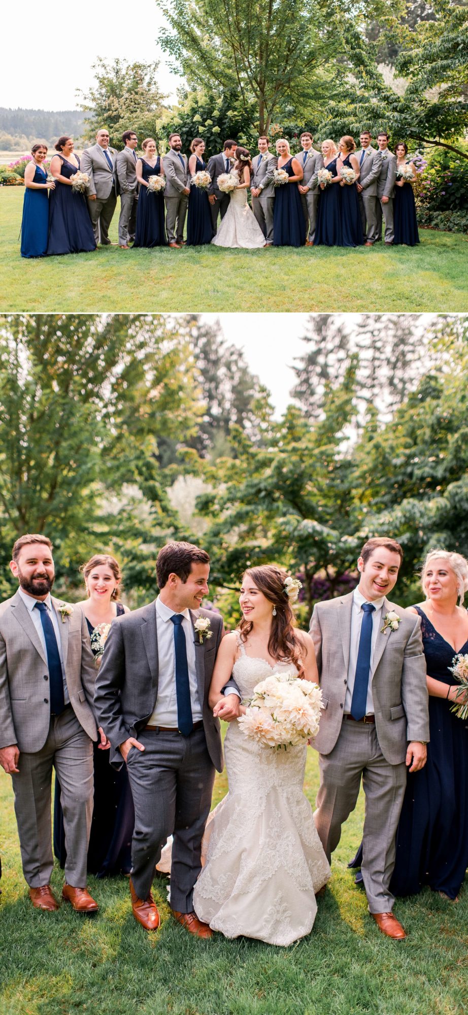 bride, groom and bridal party walking through the flower garden