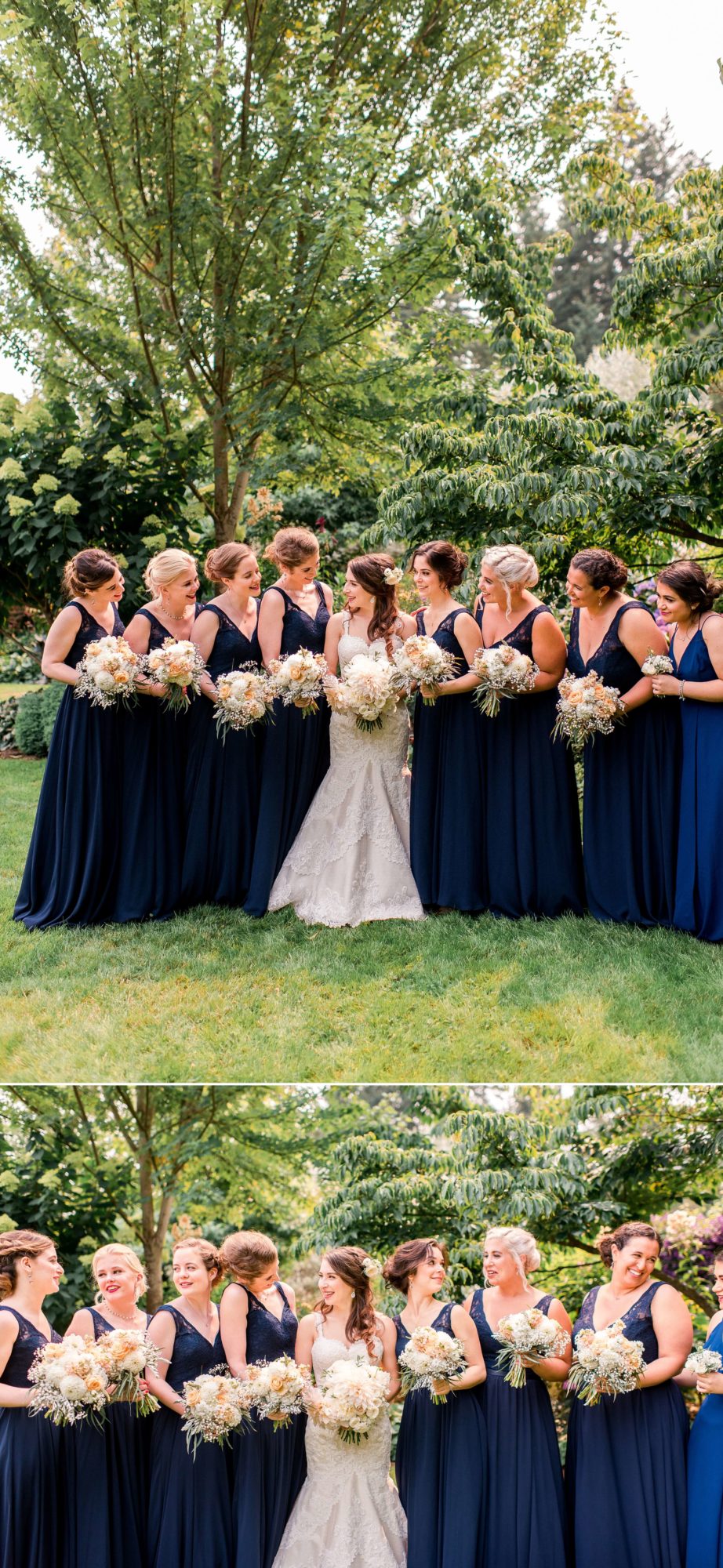 bridal party and the bride holding flowers in the garden