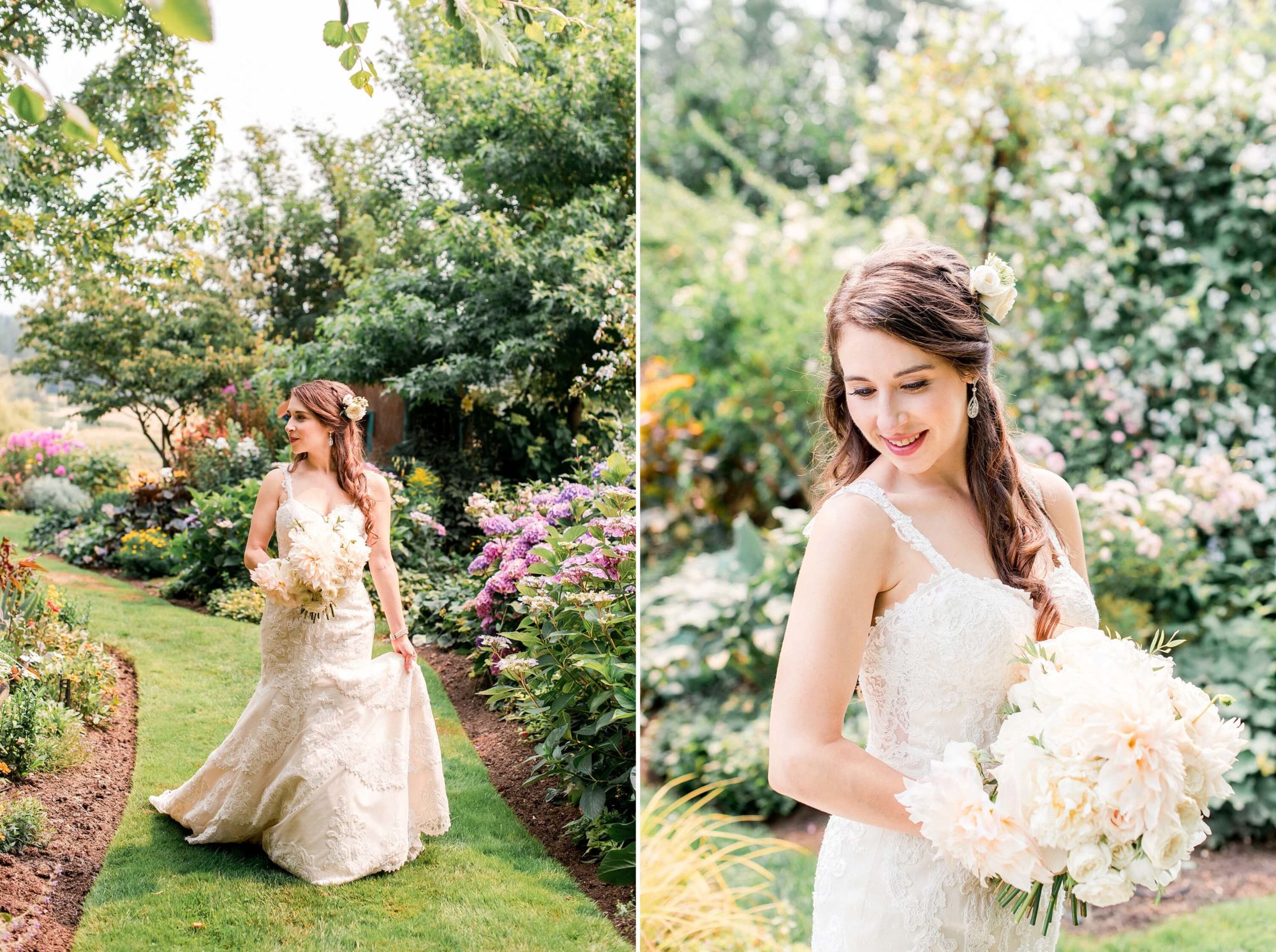 bride walking through flower garden at Fireseed catering wedding venue