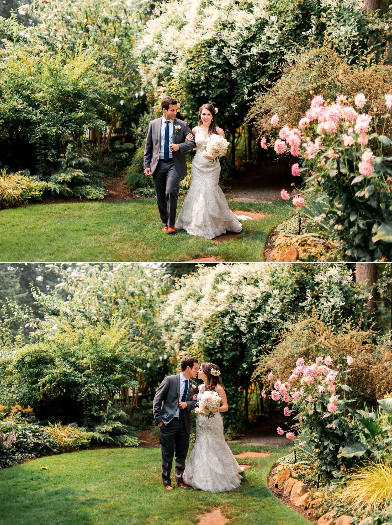 Bride and groom enjoying their marriage in the flower garden