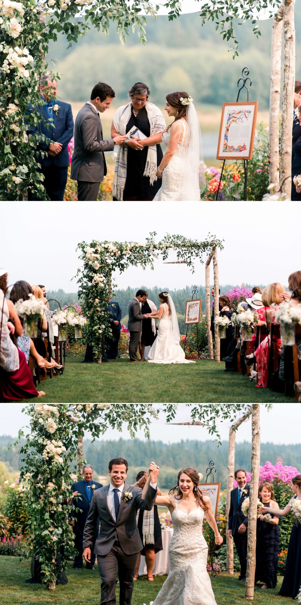 bride and groom exchanging rings under flower arbor during wedding ceremony