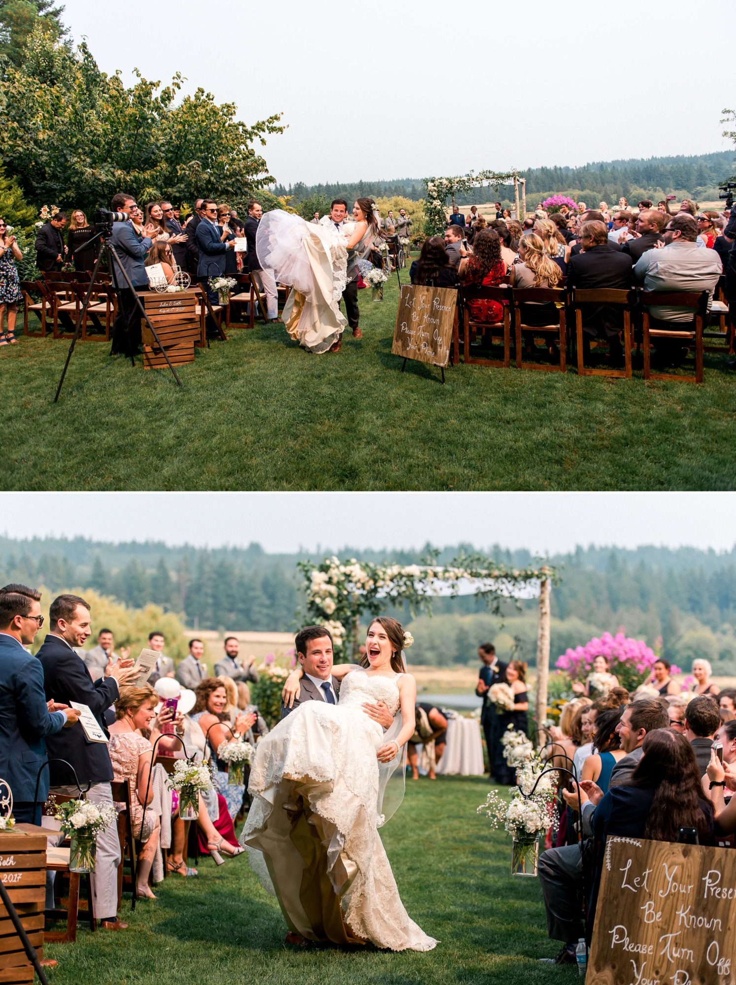 Groom carrying bride up aisle ending outdoor wedding ceremony