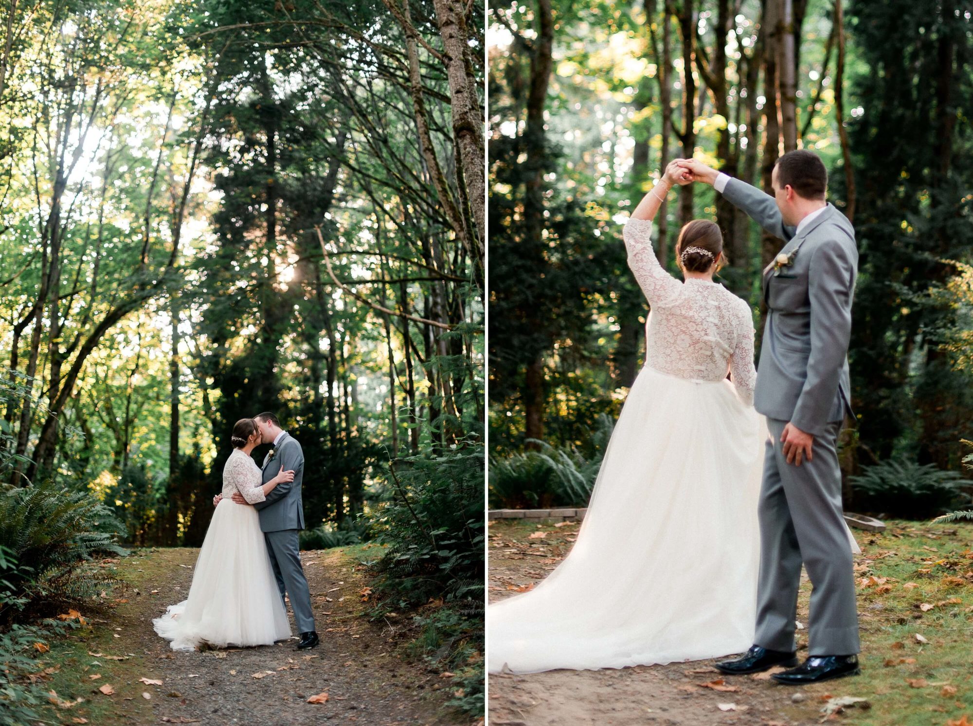 bride and groom dance in a forest path