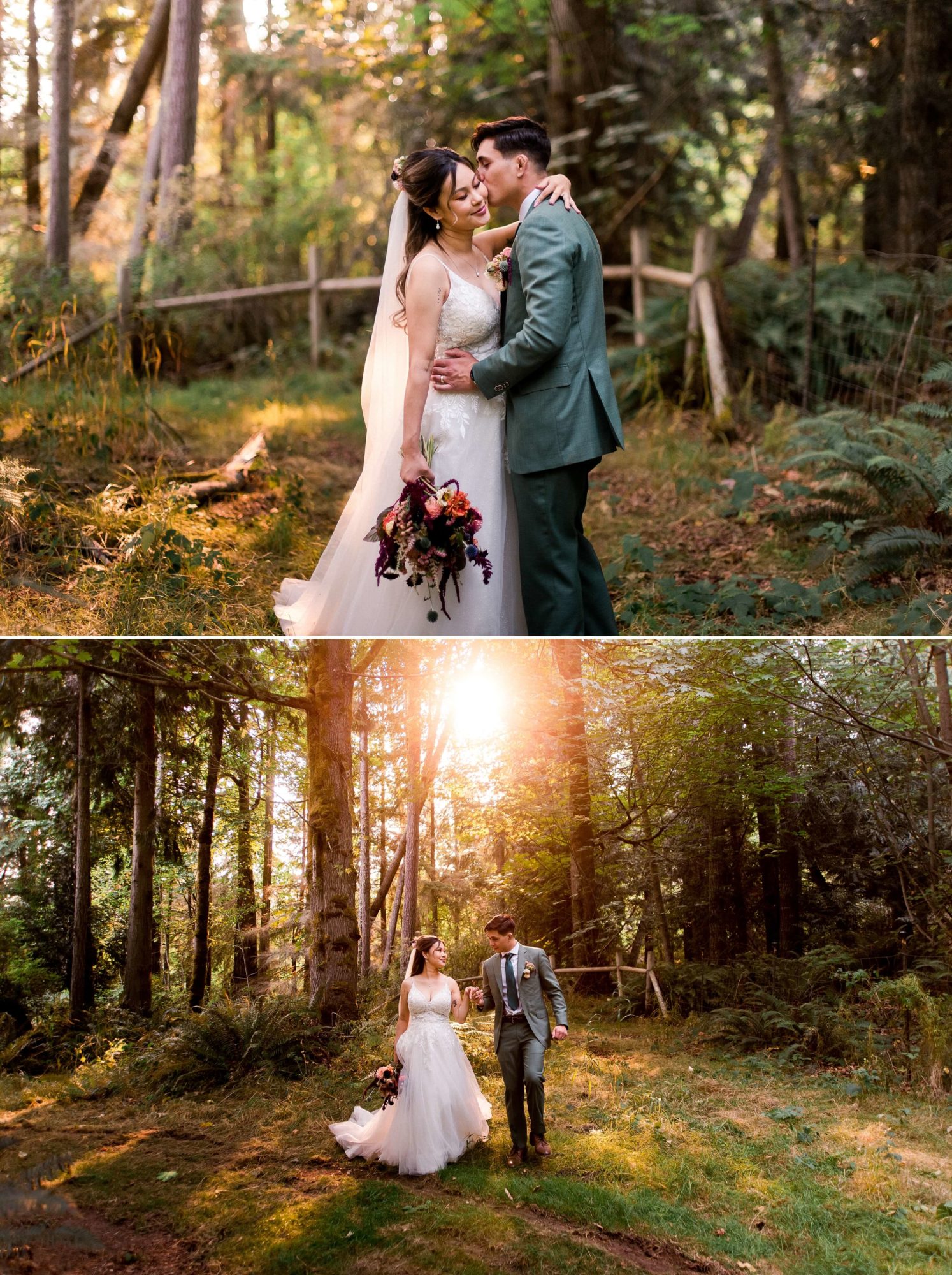 bride and groom walk through the forest holding hands
