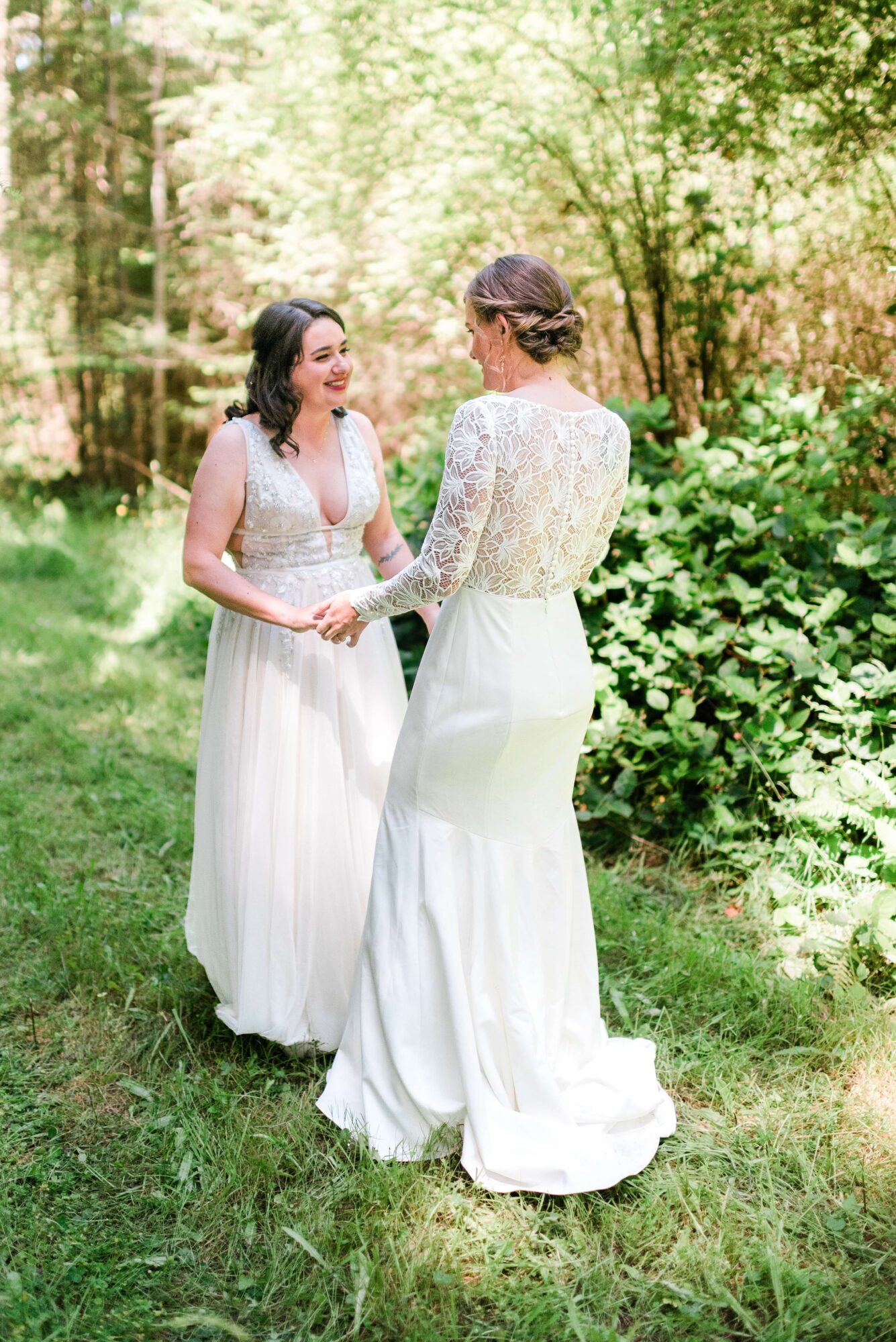 LGTBQ+ Brides in the forest at Saltwater Farm on San Juan Island