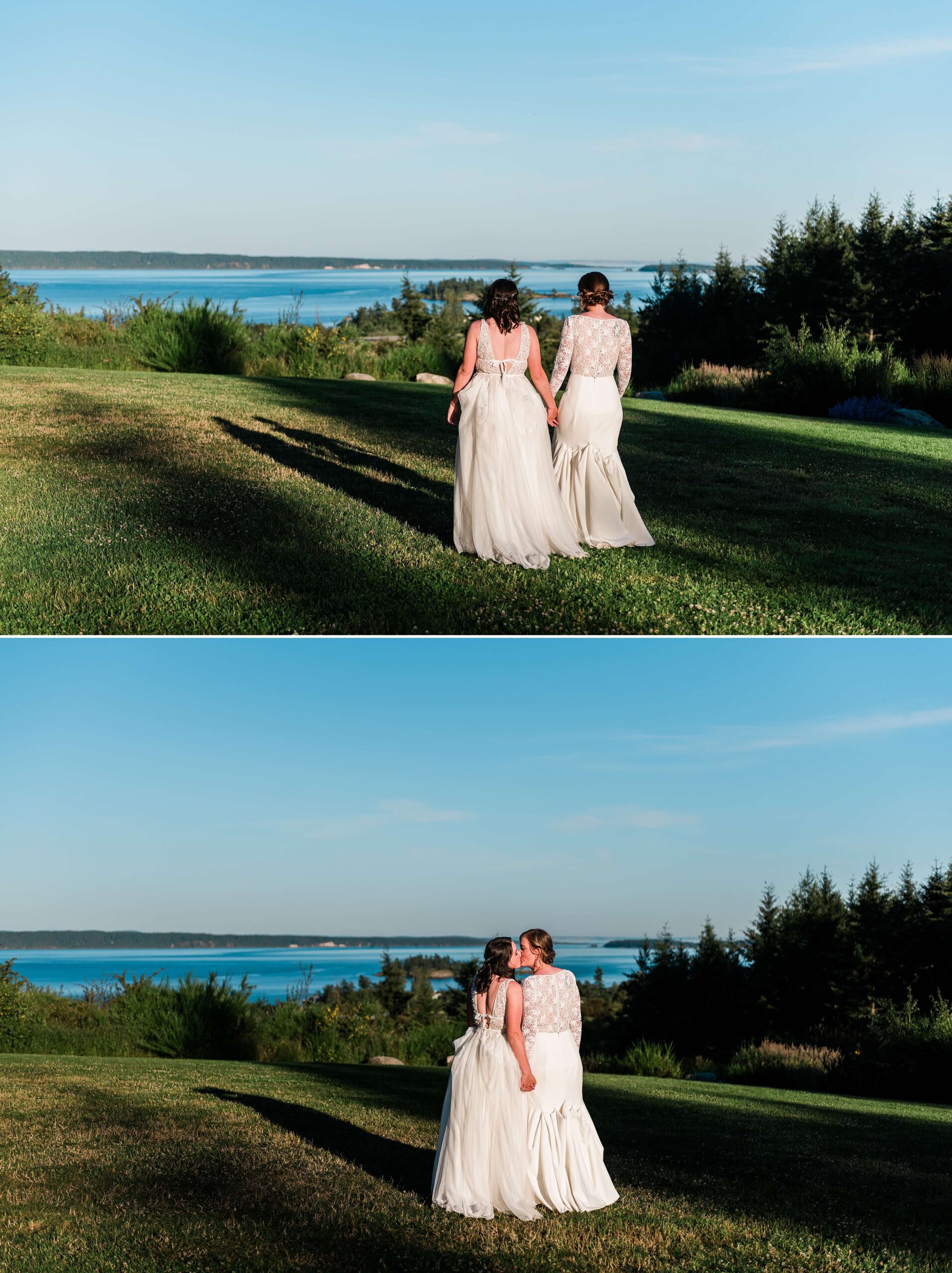 Two brides at sunset at their LGTBQ+ wedding at Saltwater Farm on San Juan Island