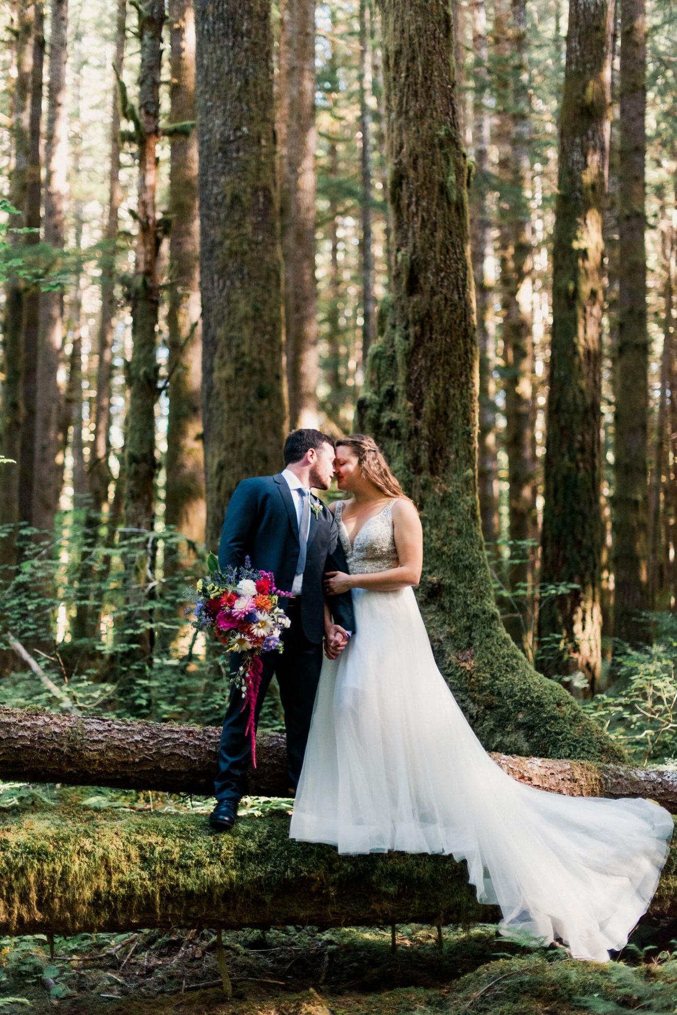 Bride and Groom standing on a fallen tree in the Hoh Rainforest