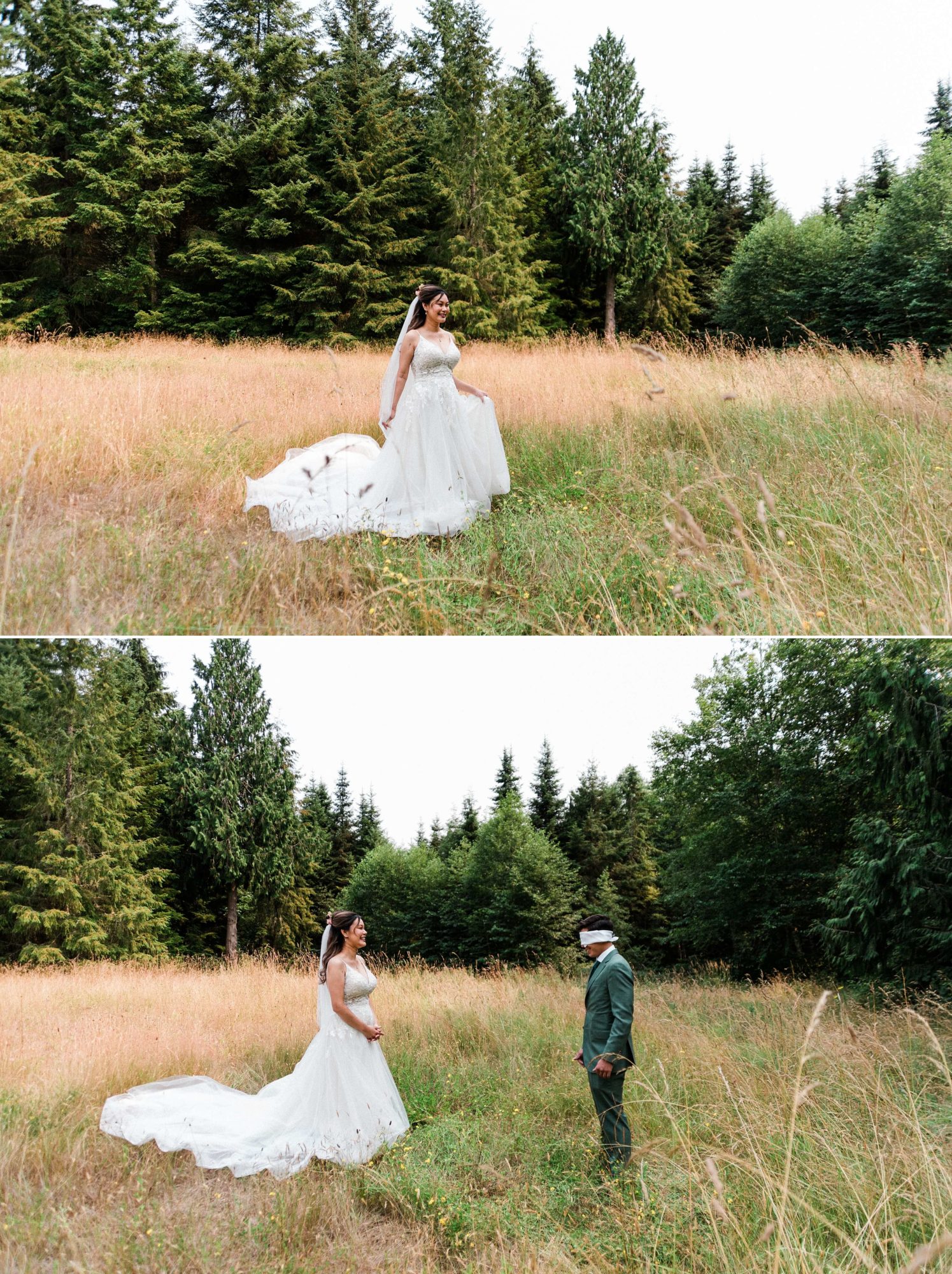 Bride and Groom in a meadow at Misty Clover Farm Olympic Peninsula Wedding Venue