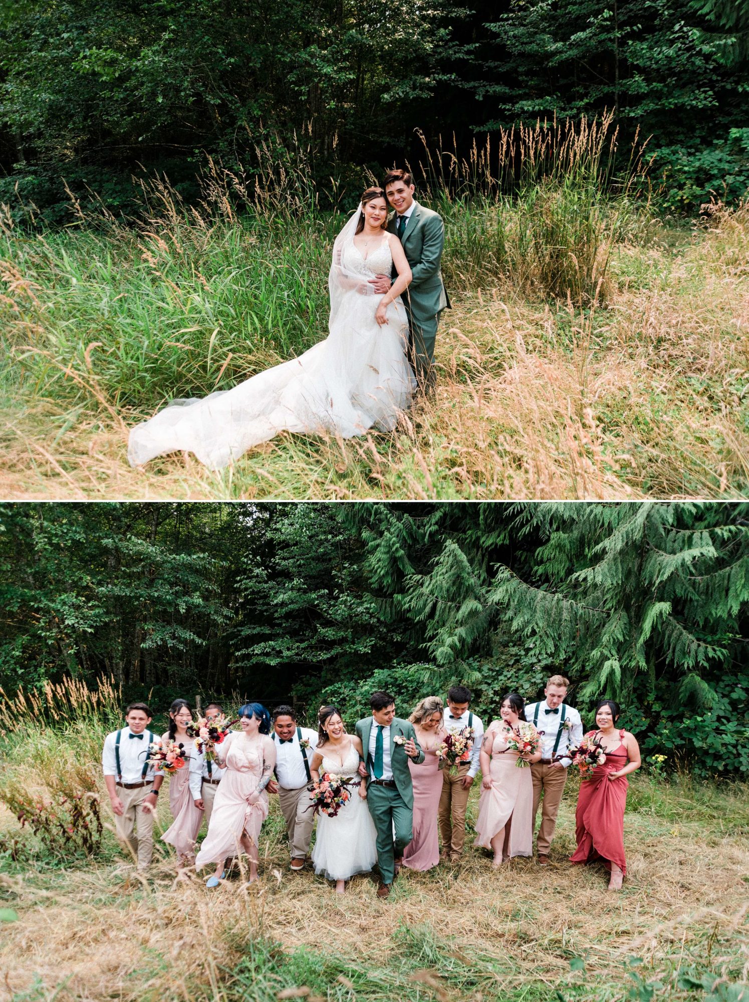  Bride, groom, and bridal party in a meadow at Misty Clover Farm Olympic Peninsula Wedding Venue