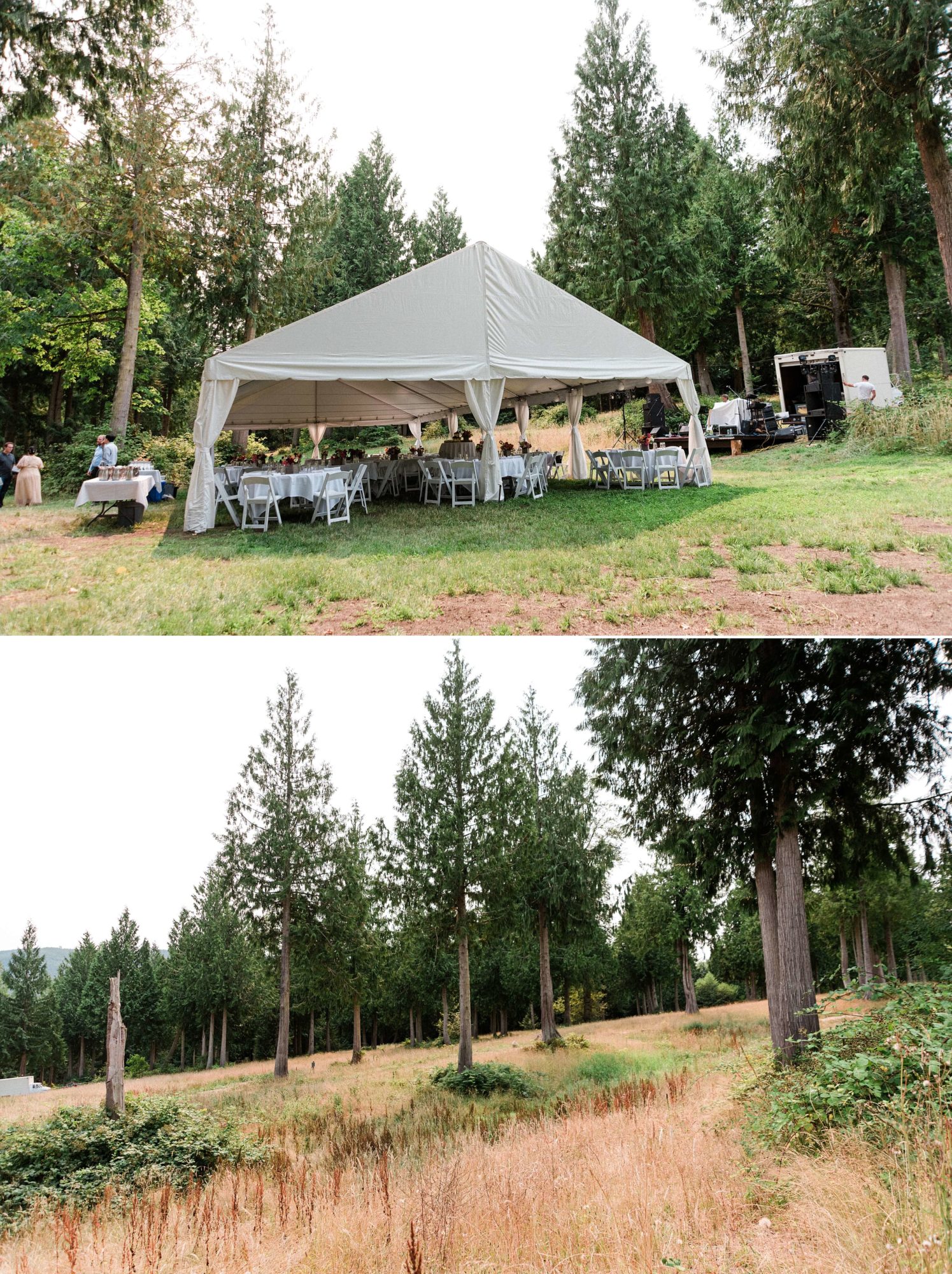 Reception tent and field at Misty Clover Farm Olympic Peninsula Wedding Venue