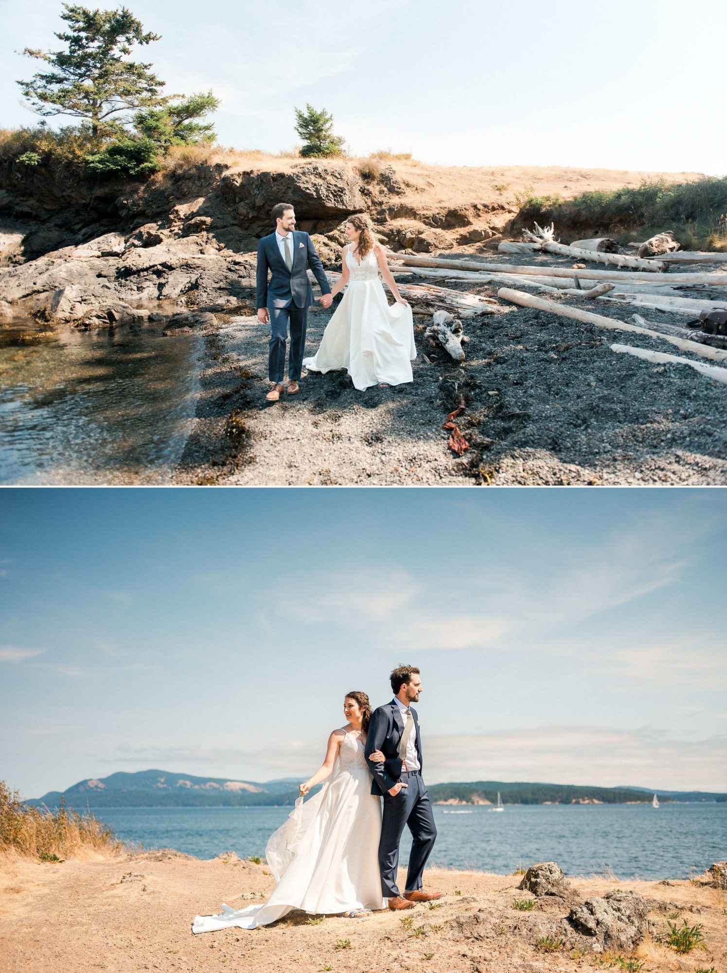 Bride and groom on the beach in the san juan islands
