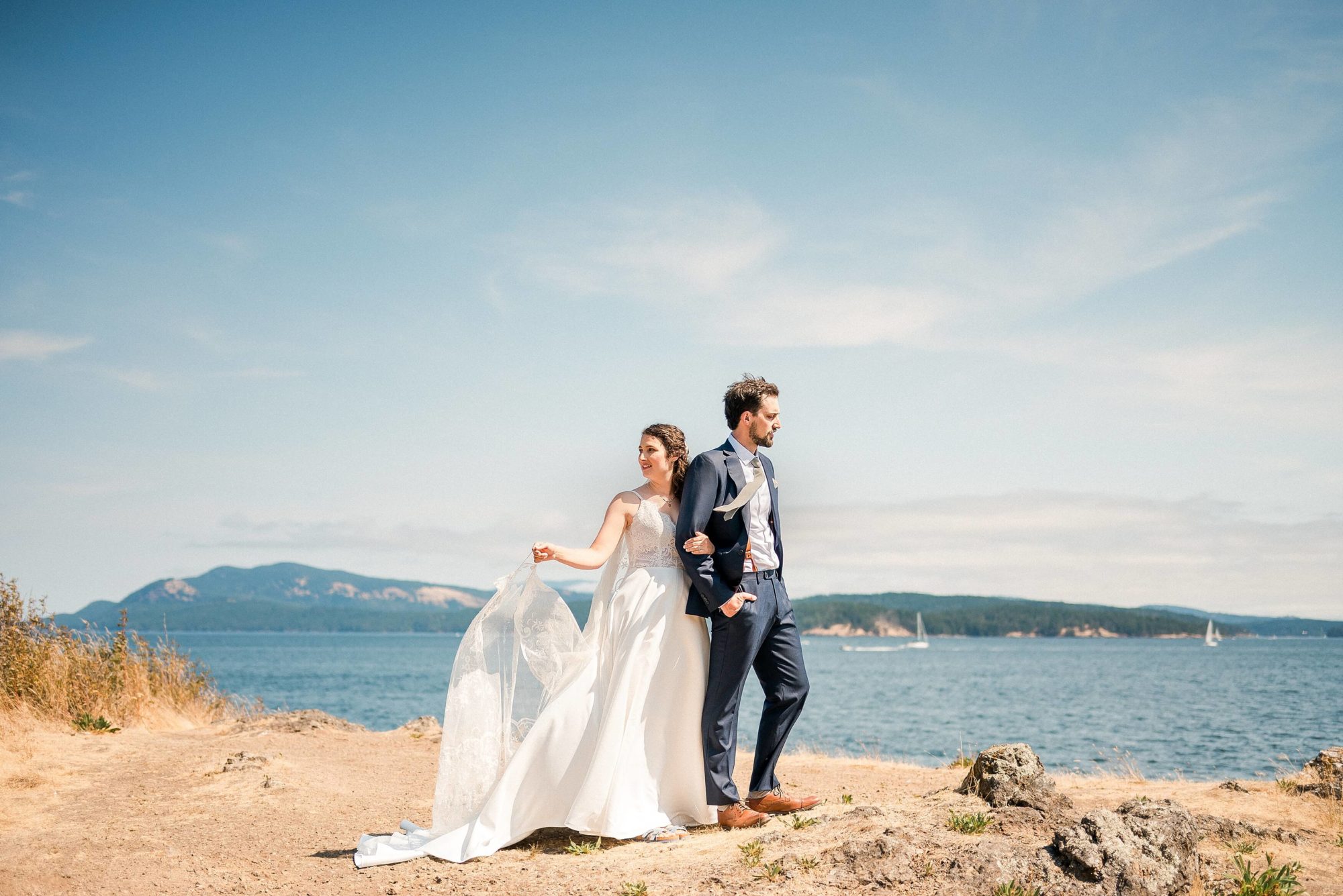 Bride and Groom on the beach at Rosario Resort on Orcas Island