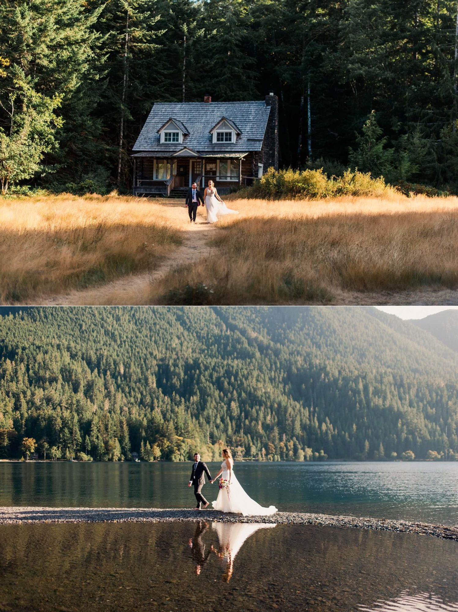 Bride and groom at Lake crescent elopement