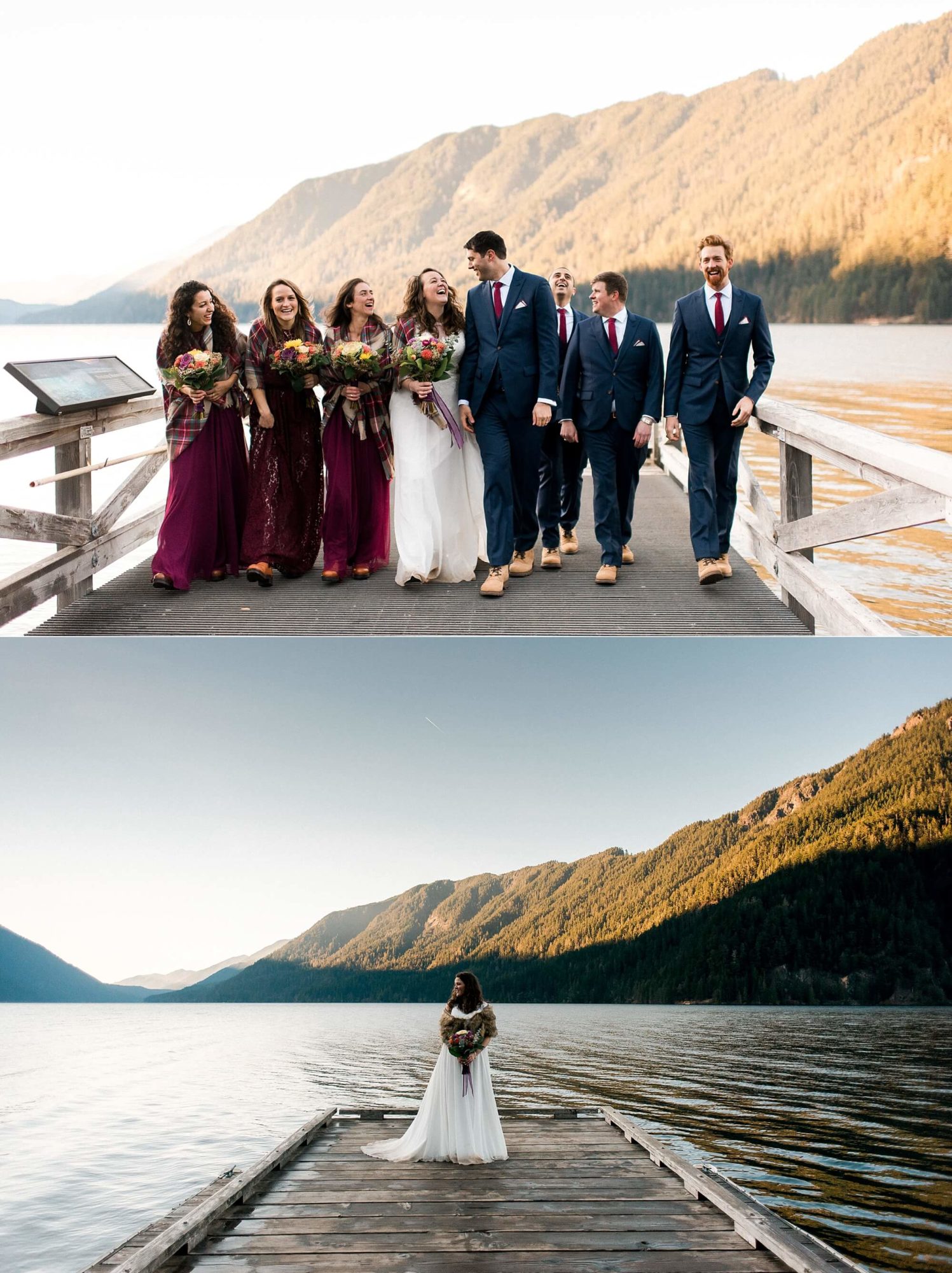 Bridal party on the dock at sunset at Lake Crescent Lodge