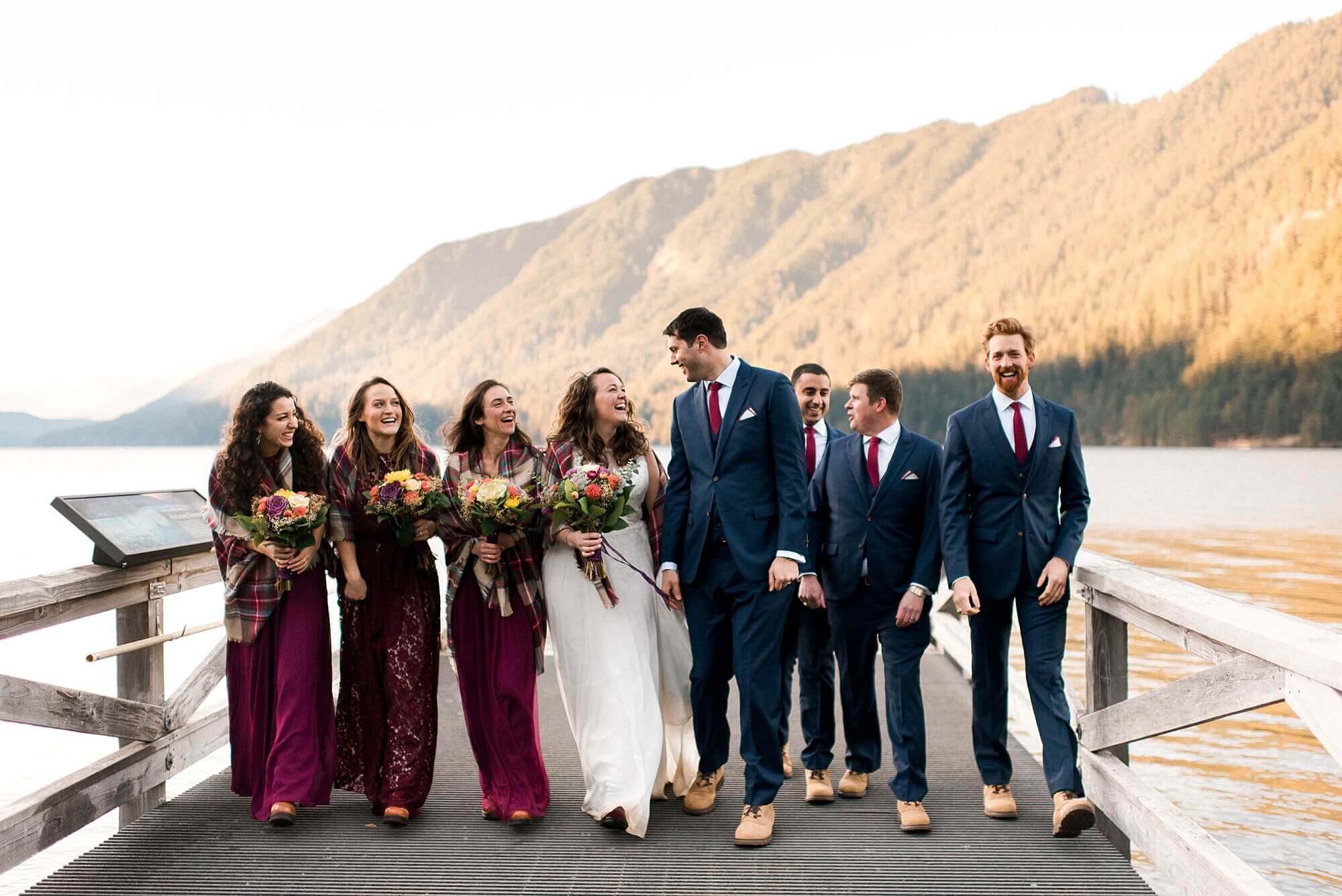 Bridal Party on the dock at sunset at Lake Crescent Lodge elopement