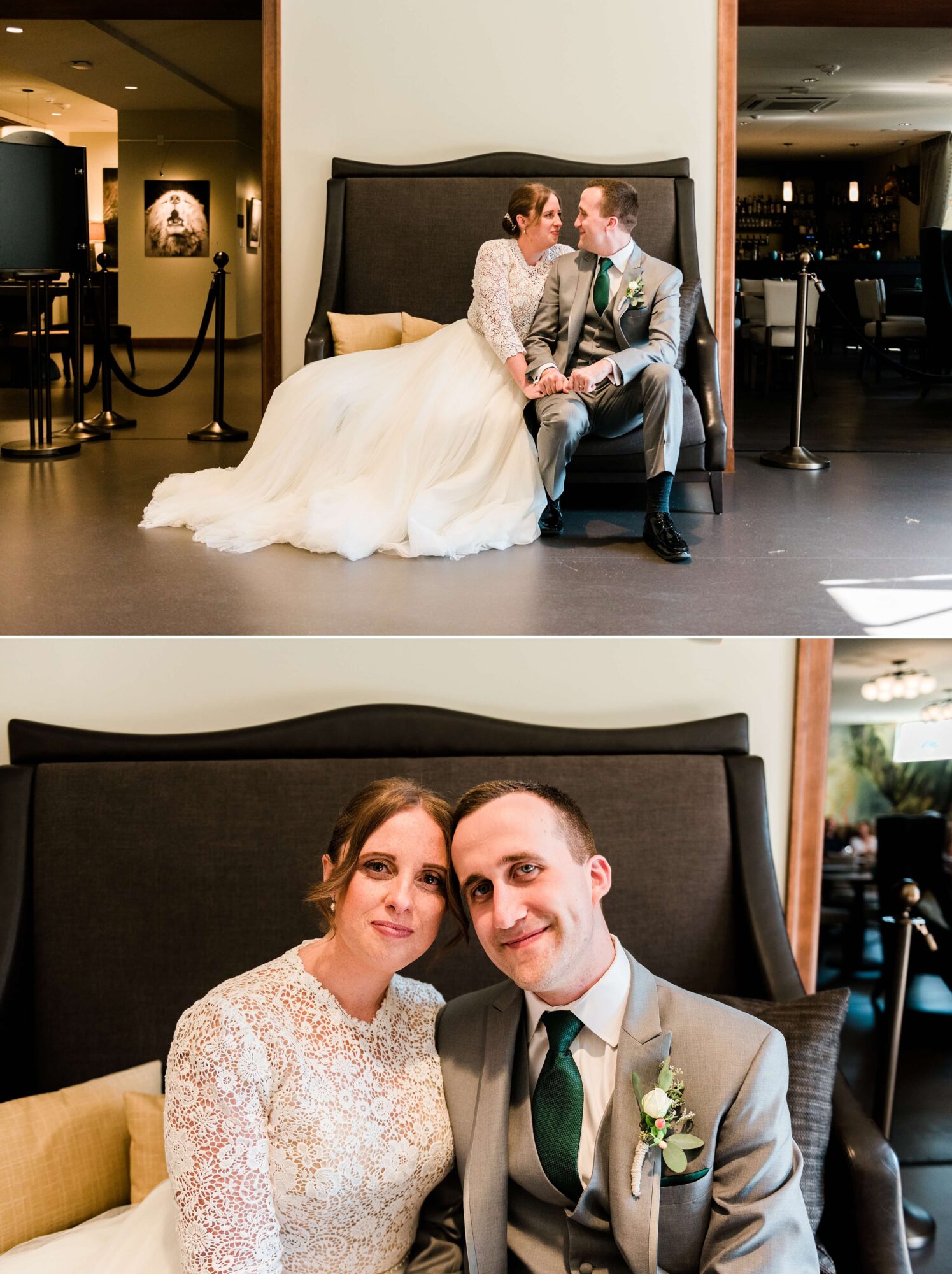 Stylish indoor portrait of the bride and groom at the Lodge at St. Edward Park