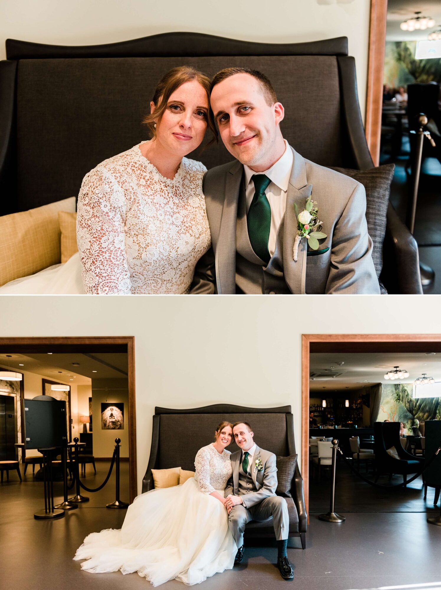 Stylish indoor portraits of the bride and groom at the Lodge at St. Edward Park