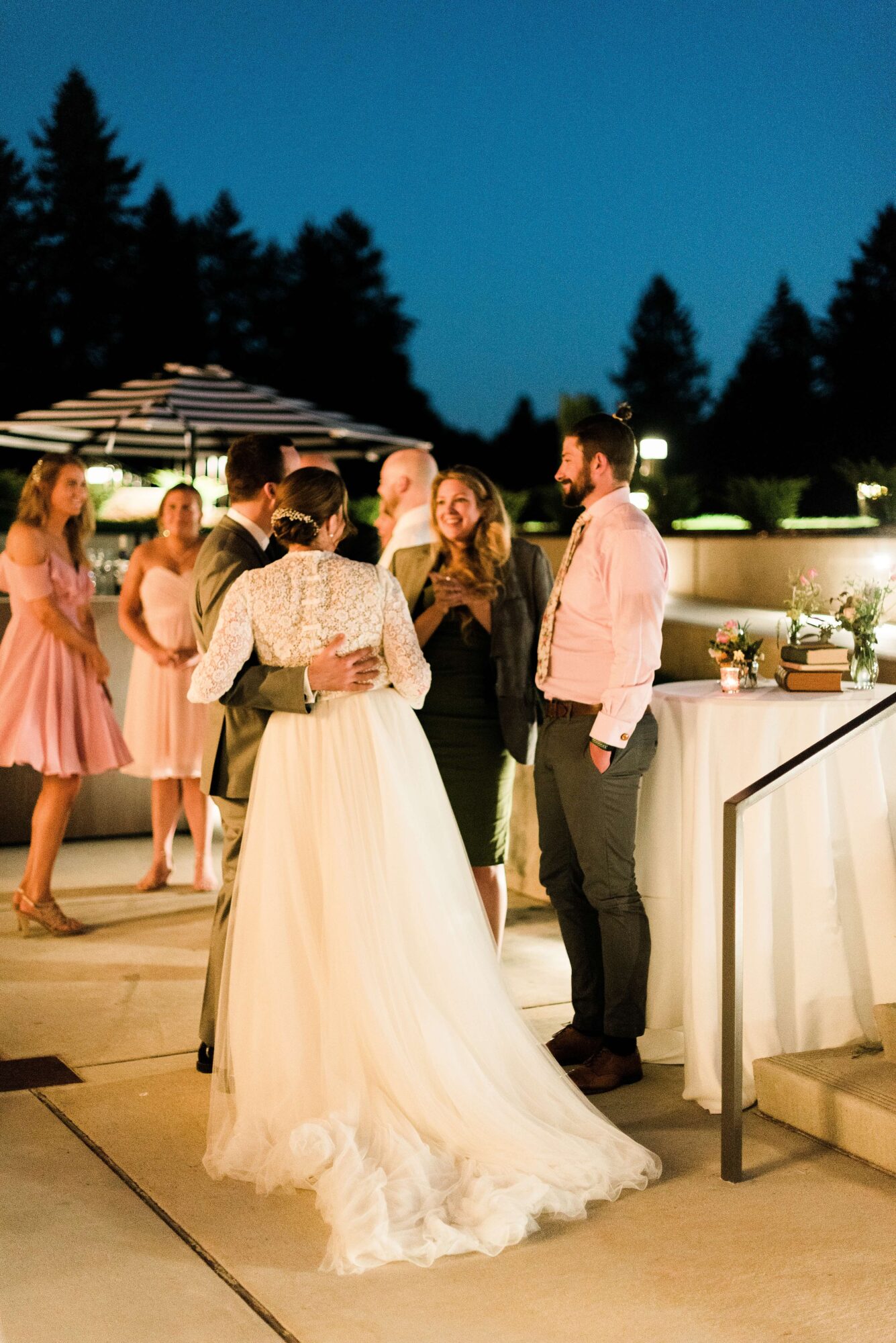 Stylish reception dinner at sunset at the Lodge at St. Edward Park Wedding in Kenmore, Washington, outside Seattle