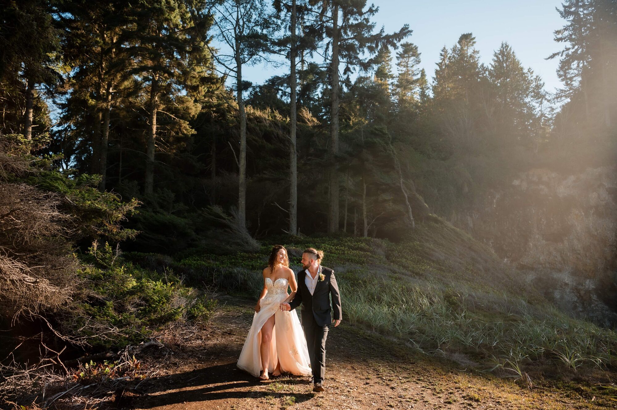Bride and groom portraits in the forest on the Washington Coast