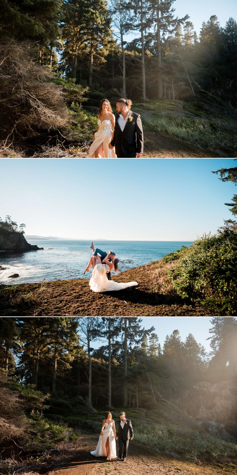 Bride and groom portraits cliffside overlooking the Washington State Coast