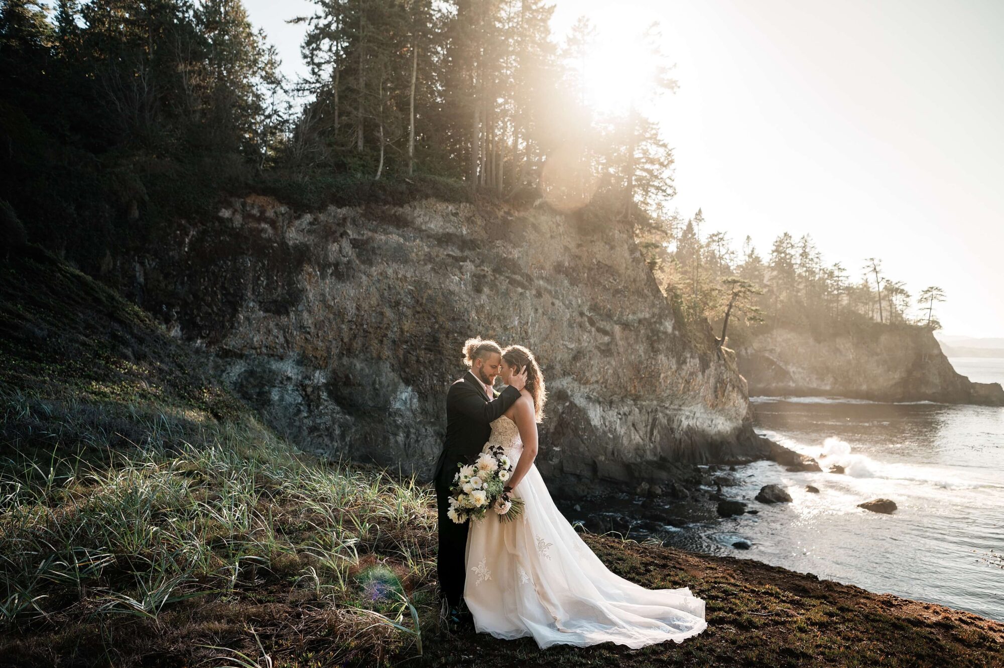 Bride and groom eloping at sunset on the Olympic Peninsula