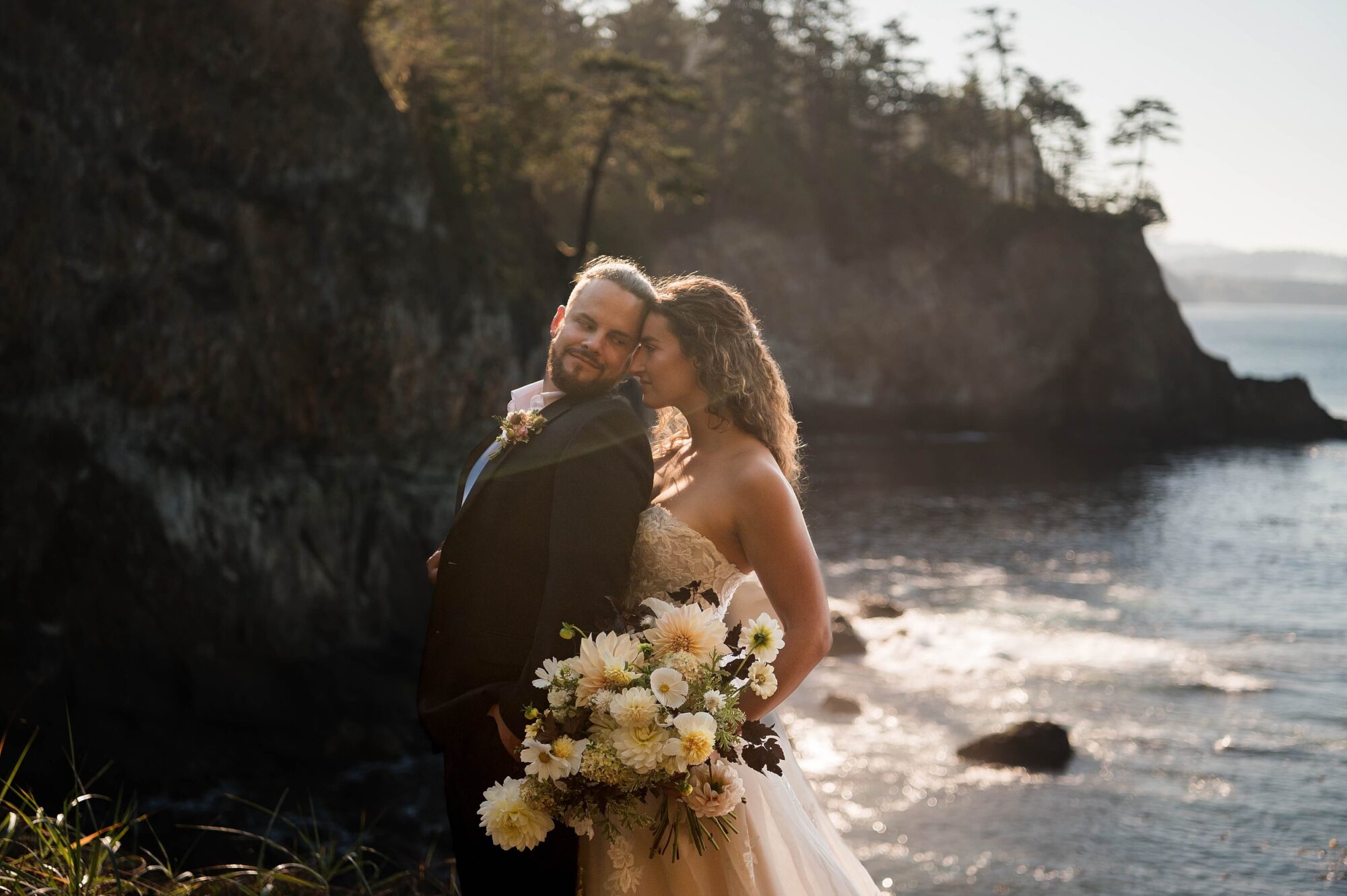 Bride and groom at sunset on the Washington State Coast