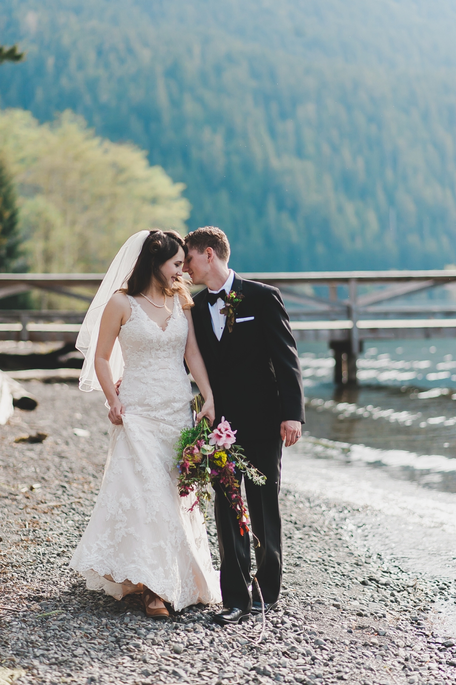 Lake Crescent Lodge Bride and Groom on the beach 
