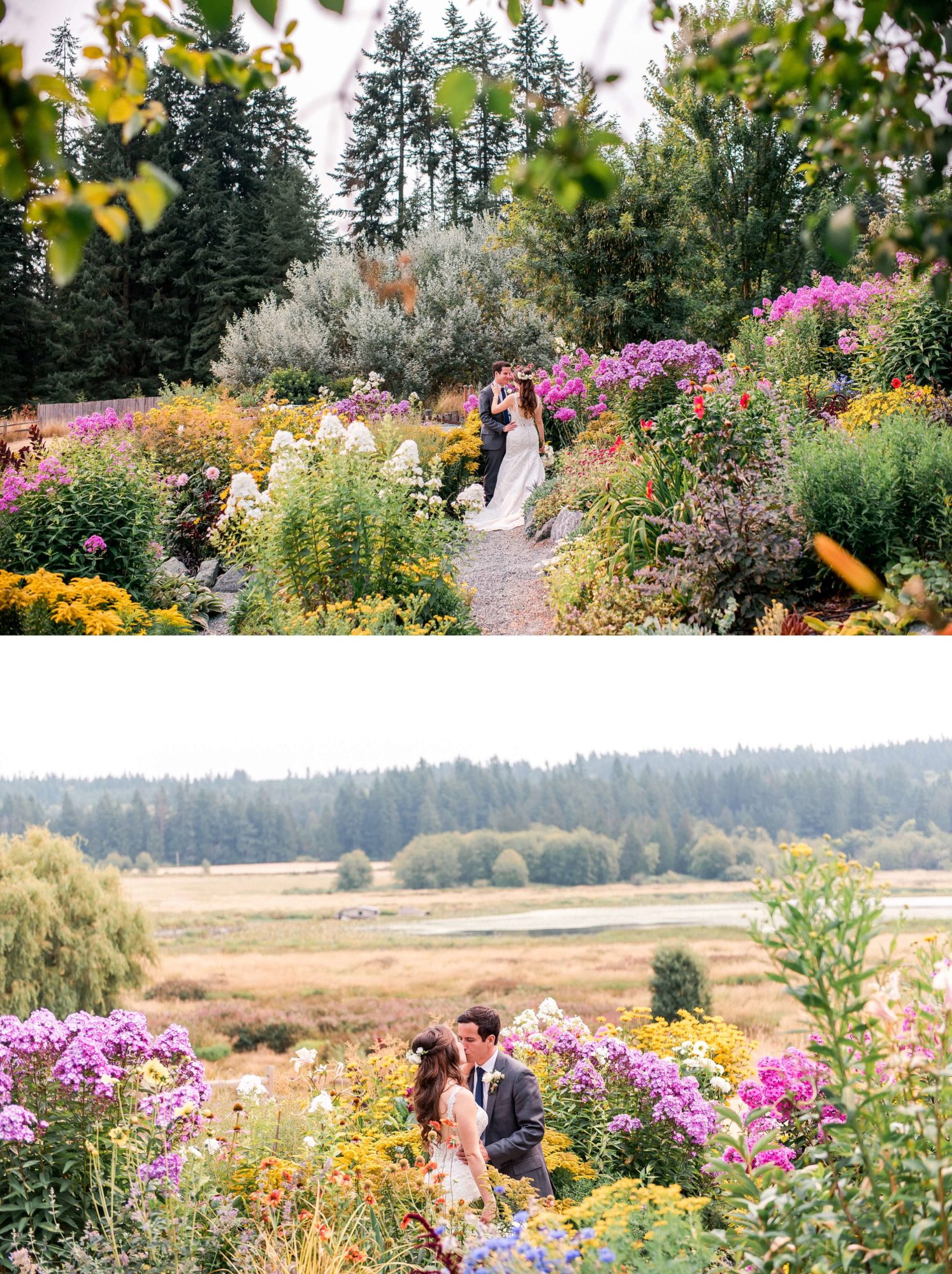 Bride and groom enjoying intimate flower garden after wedding ceremony