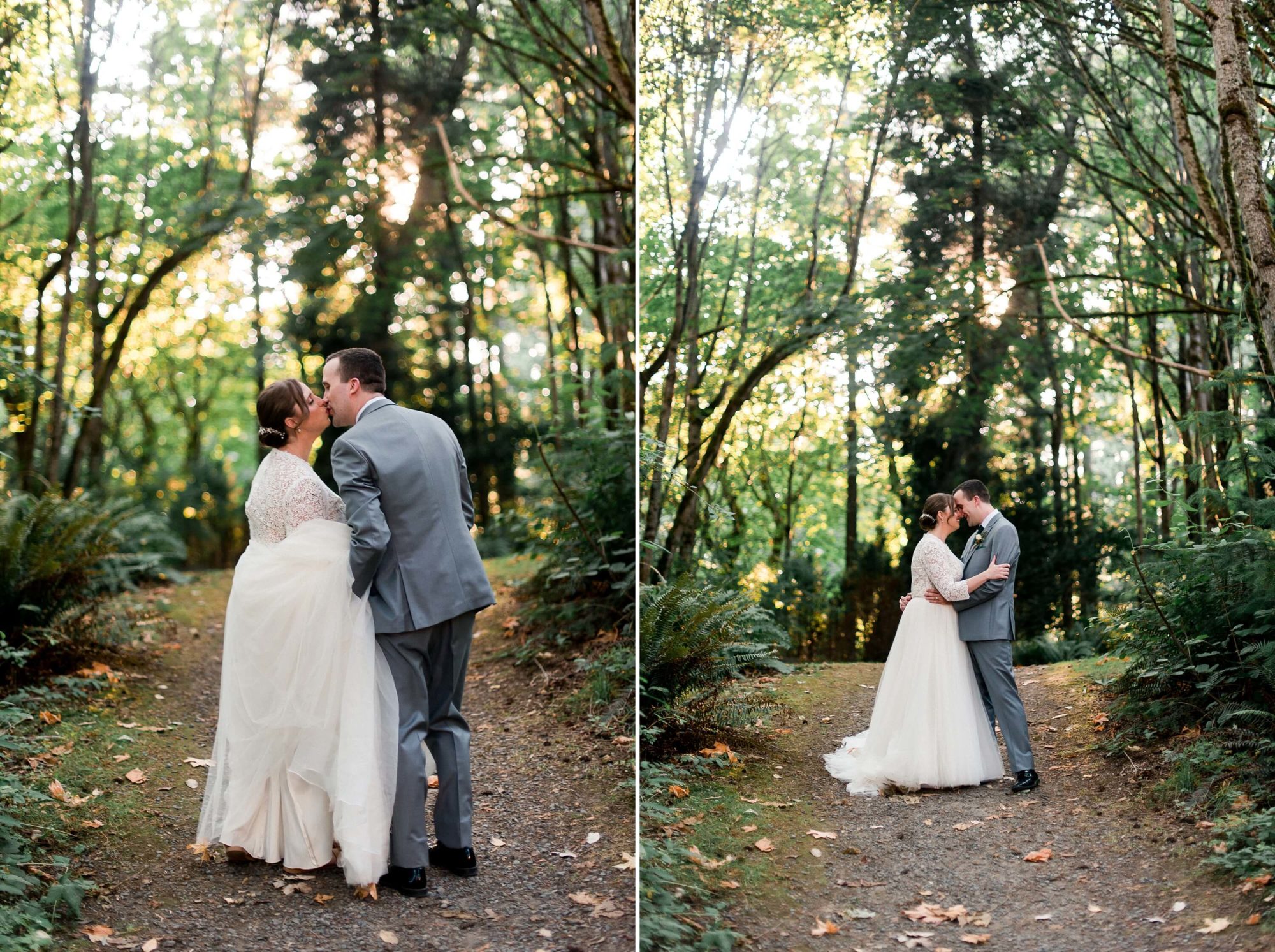 bride and groom kiss in a forest path with the sun shining through the trees
