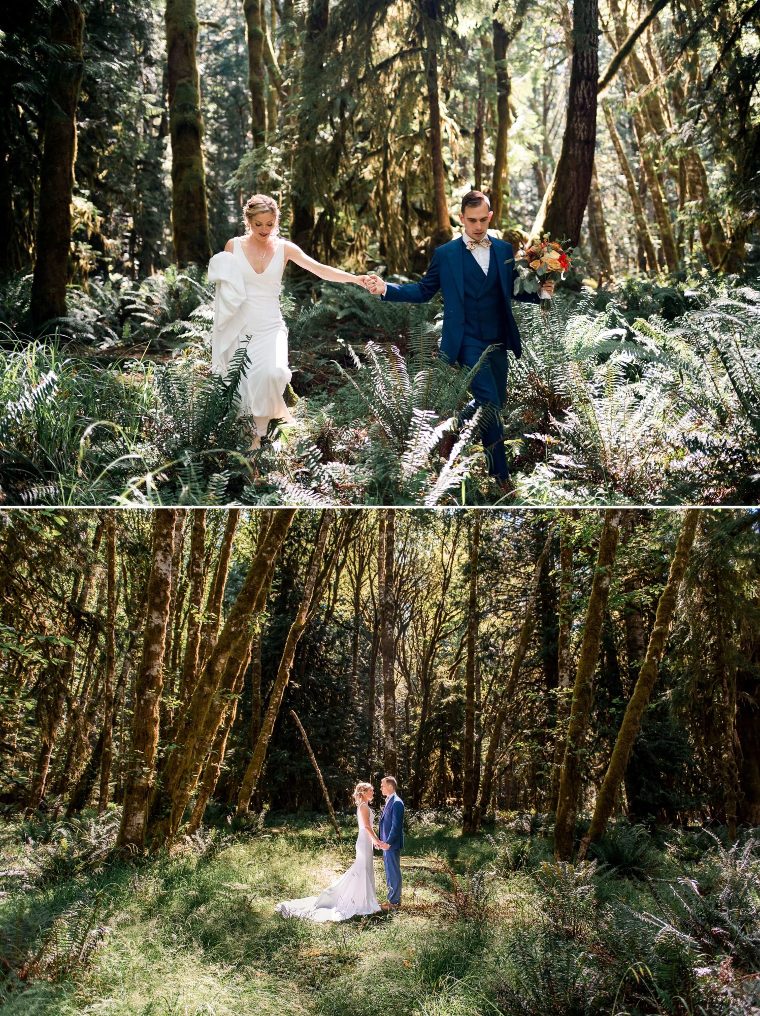 bride and groom walking through the forest and ferns holding hands