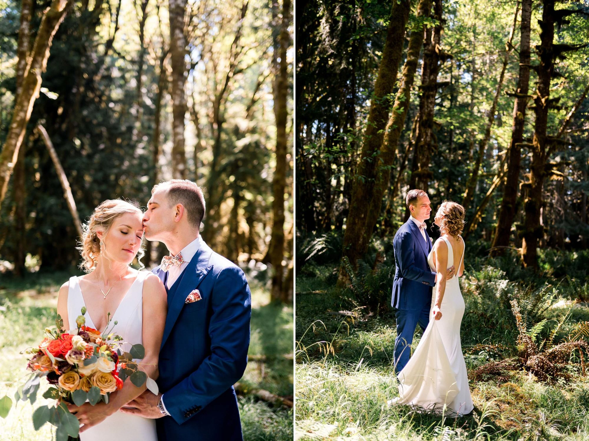 bride and groom embrace in the forrest