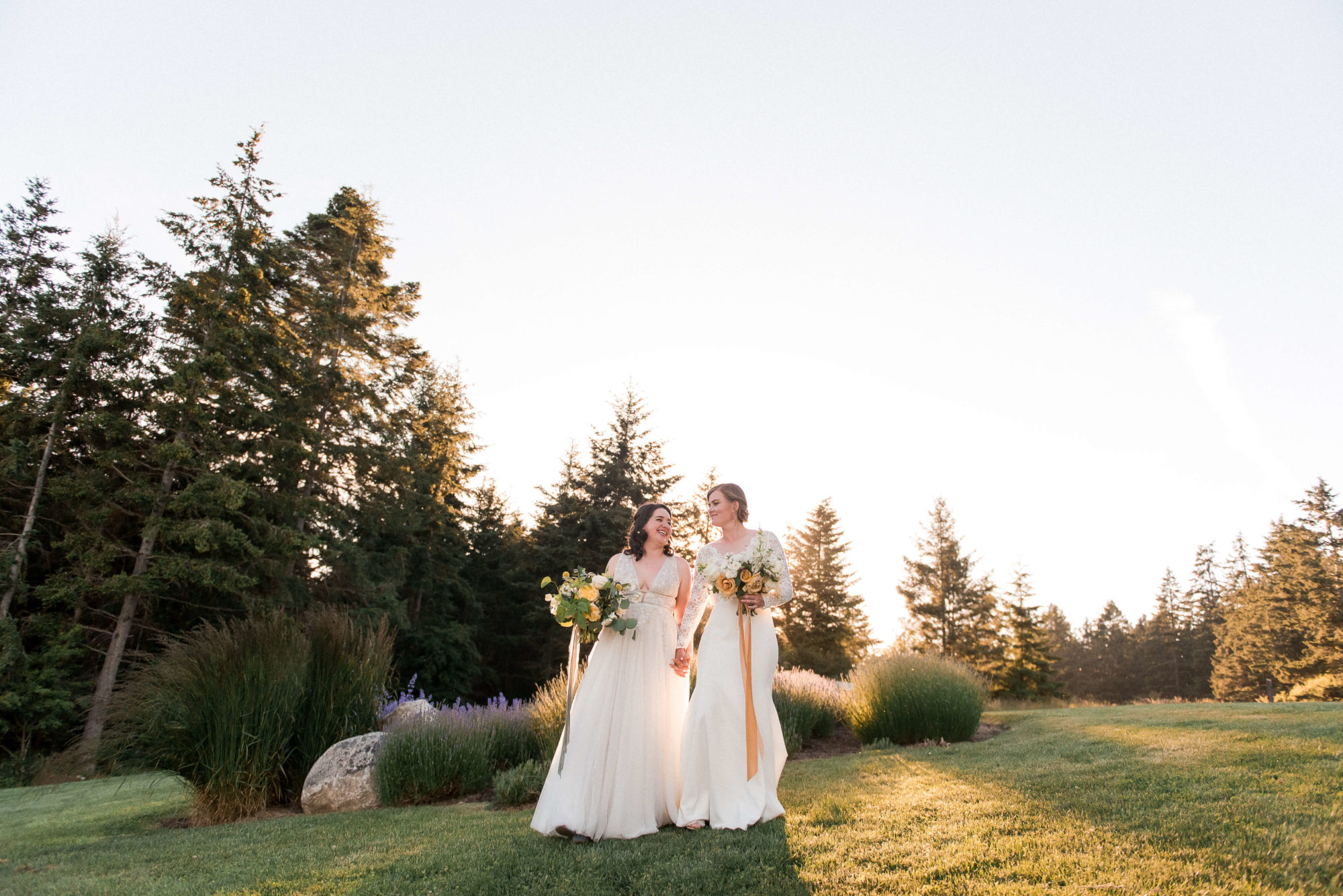 lgbtq couple holding hands in a field at sunset after their Saltwater Farm Wedding