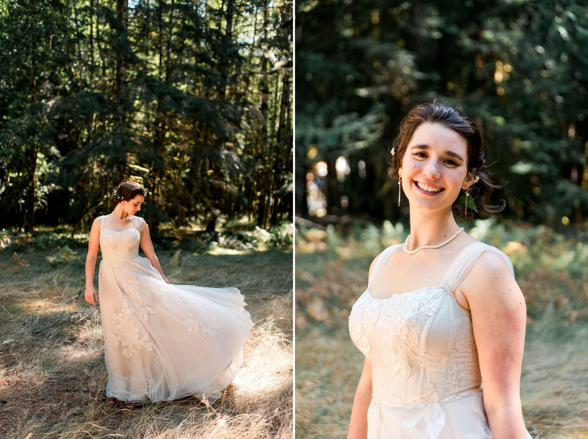 bride in the forest at Fern Acres Forks Wedding Venue