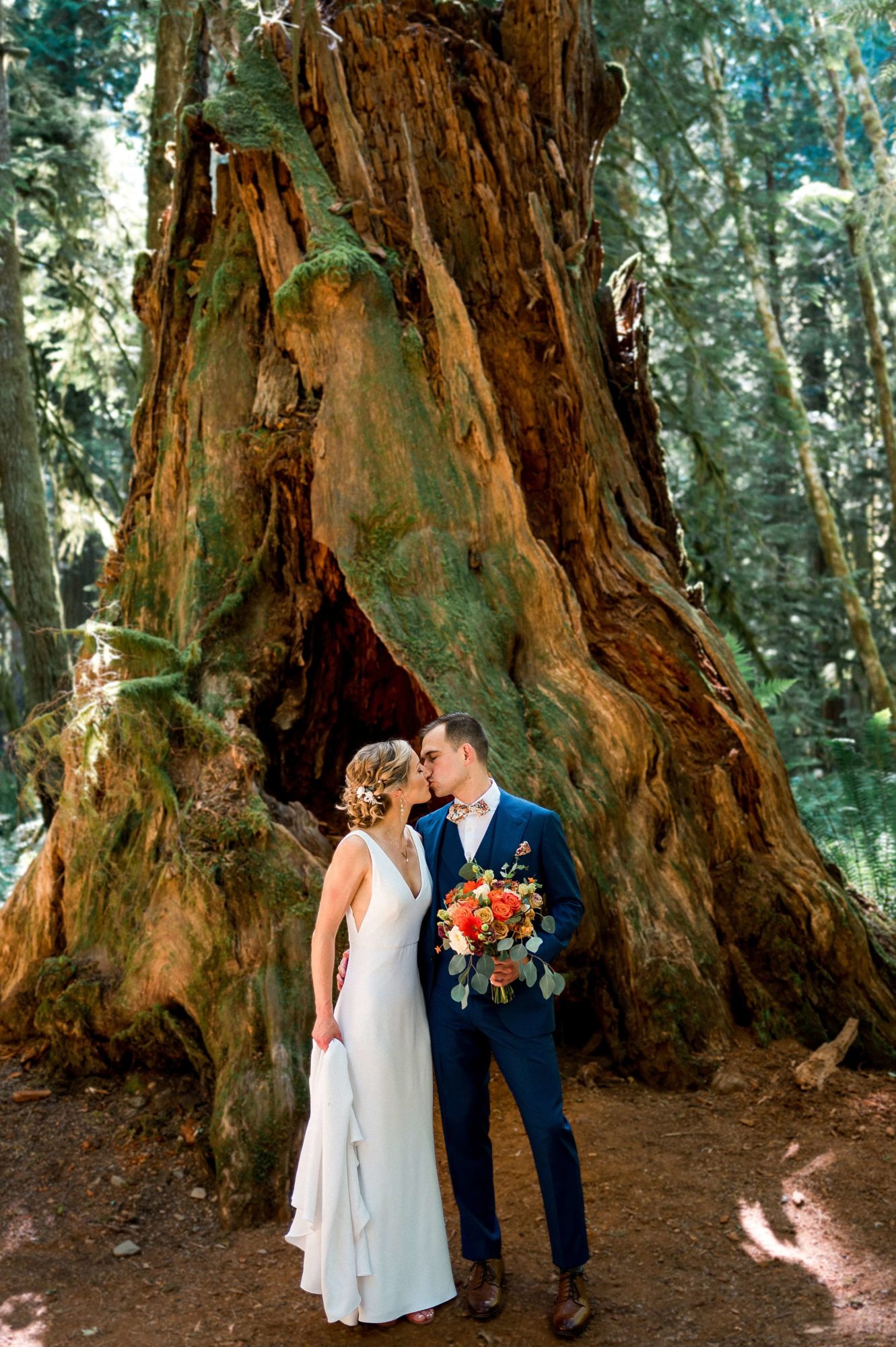 Bride and groom with an old-growth tree stump at Fern Acres Forks Wedding Venue