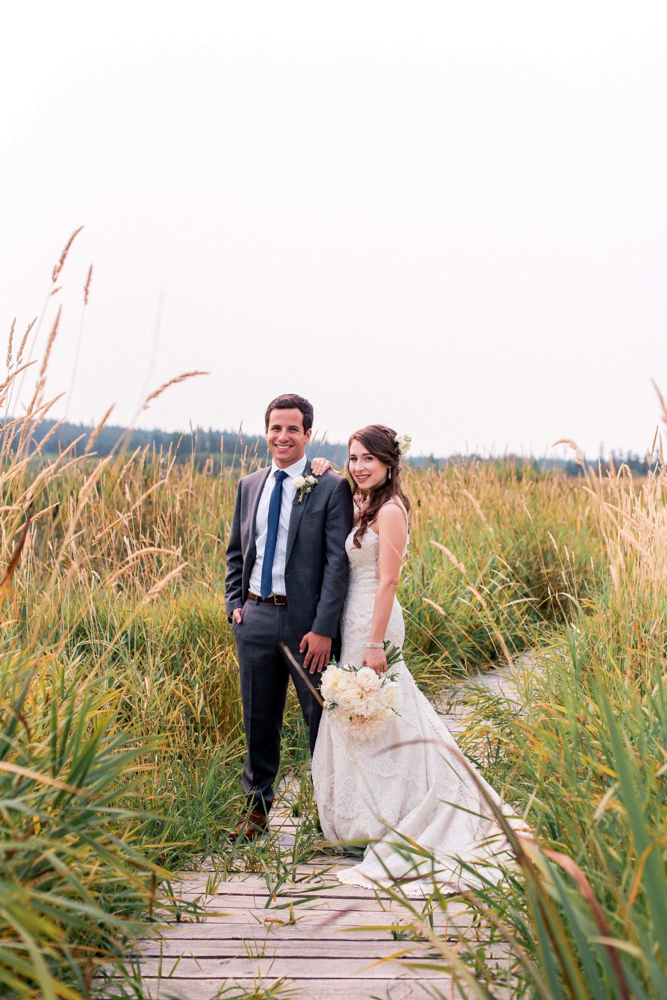 Bride and groom in a marsh near Seattle

