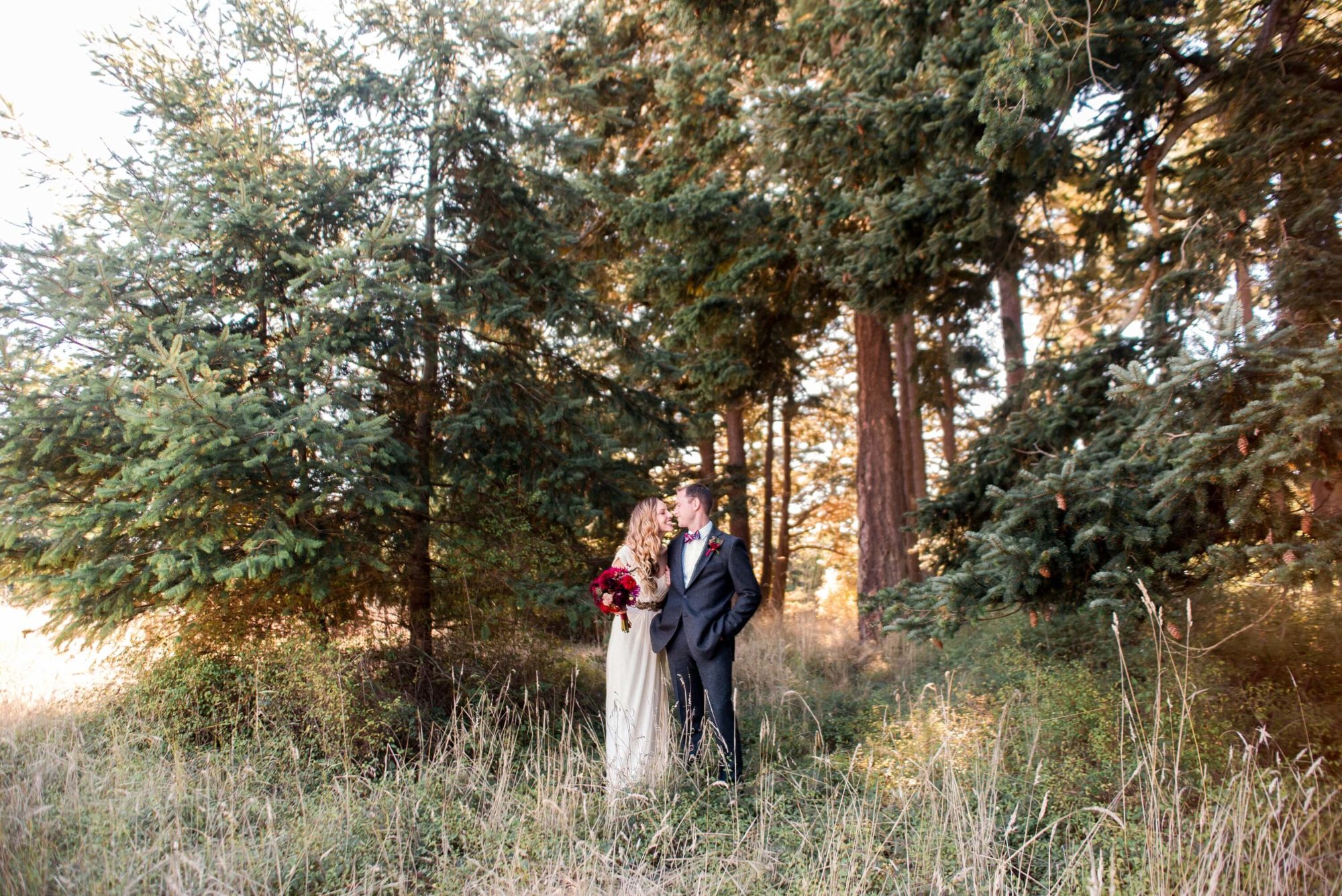 Bride and groom at a forest Vashon Island wedding venue